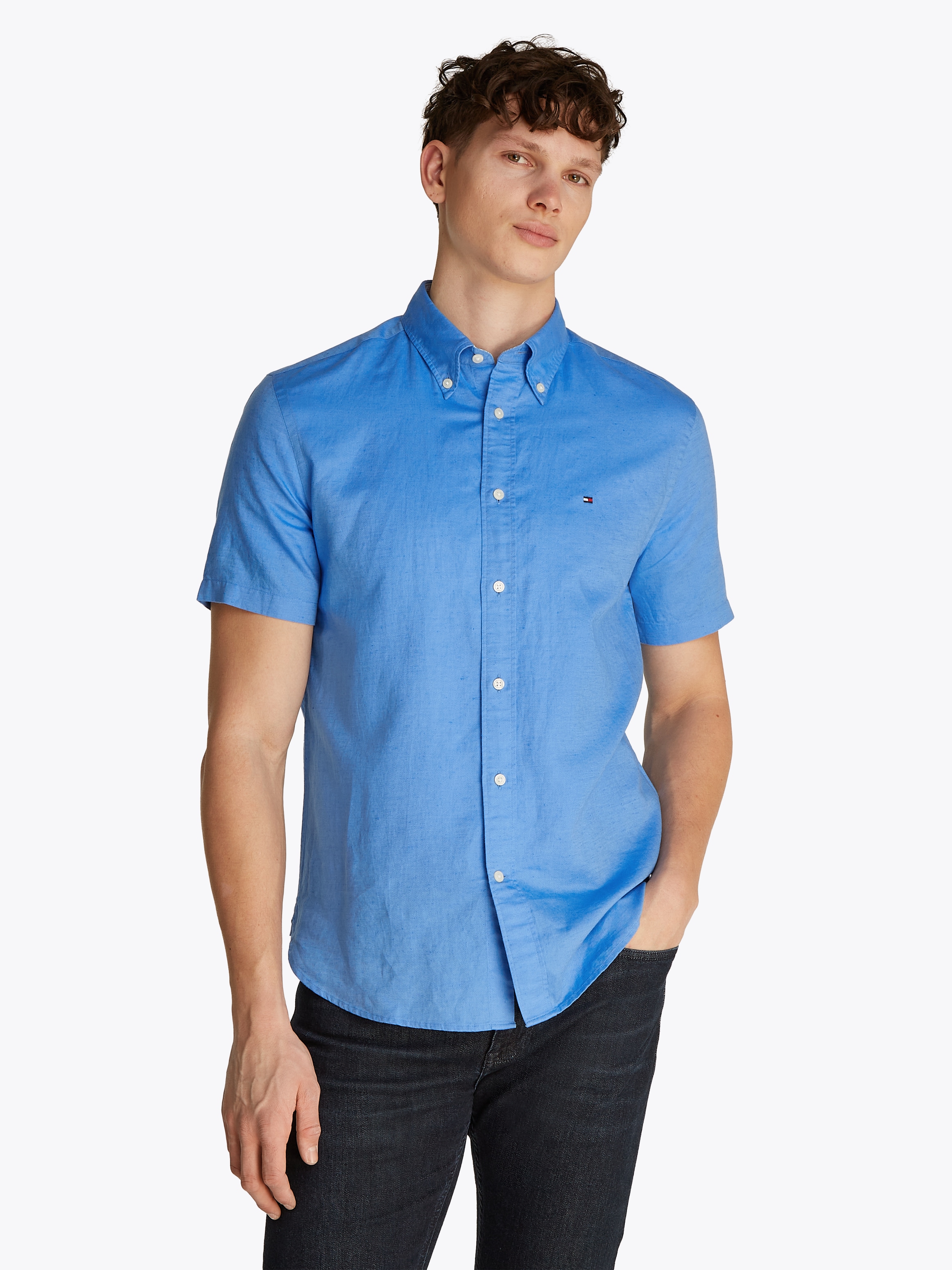 Tommy Hilfiger Kurzarmhemd »LINEN BLEND SOLID SS RF SHIRT«, mit Button-down-Kragen