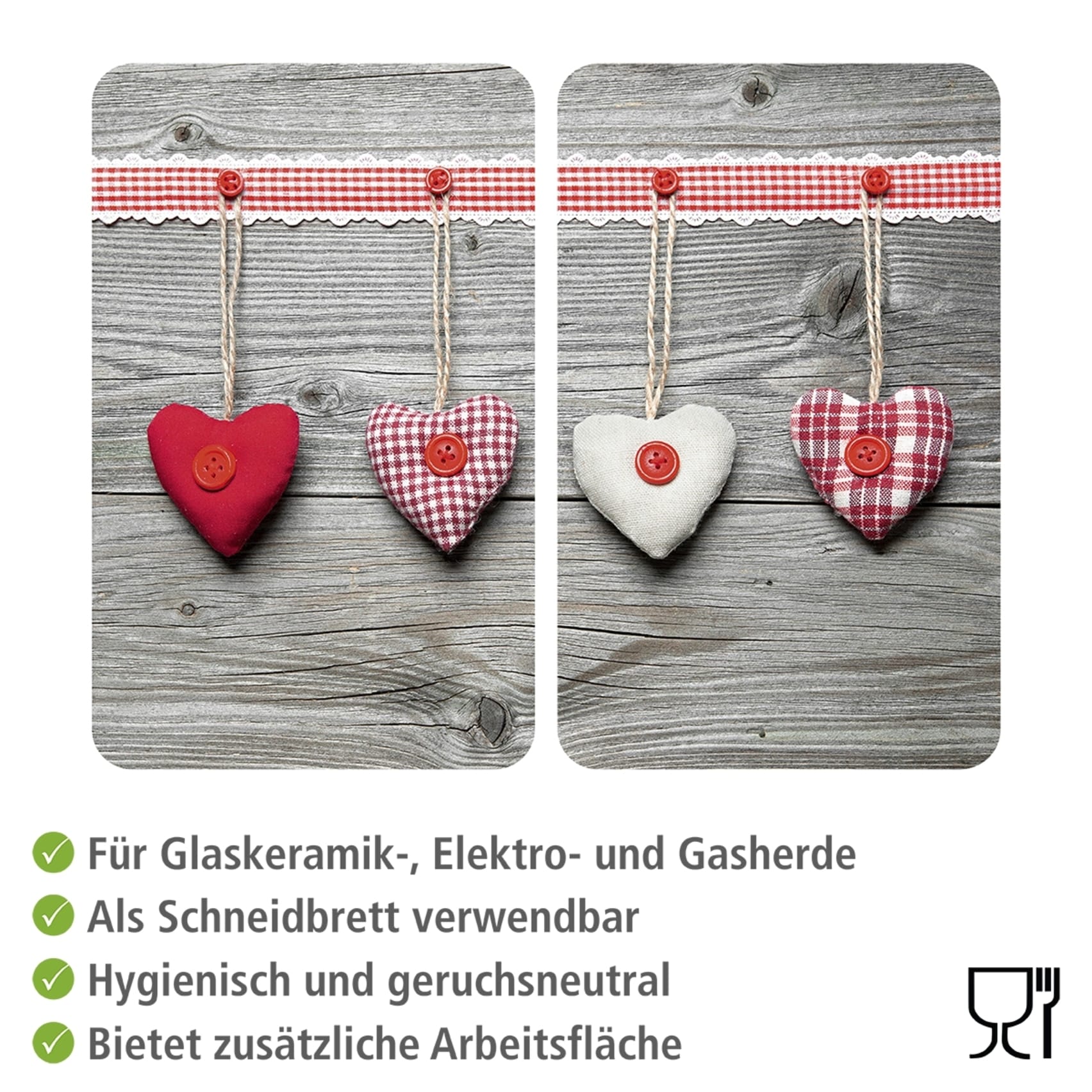 WENKO Herd-Abdeckplatte »Universal Modell Herzen«, (Set, 2 tlg.), Herdabdeckung für alle Herdarten, kratzfest, mit rutschfesten Füßen
