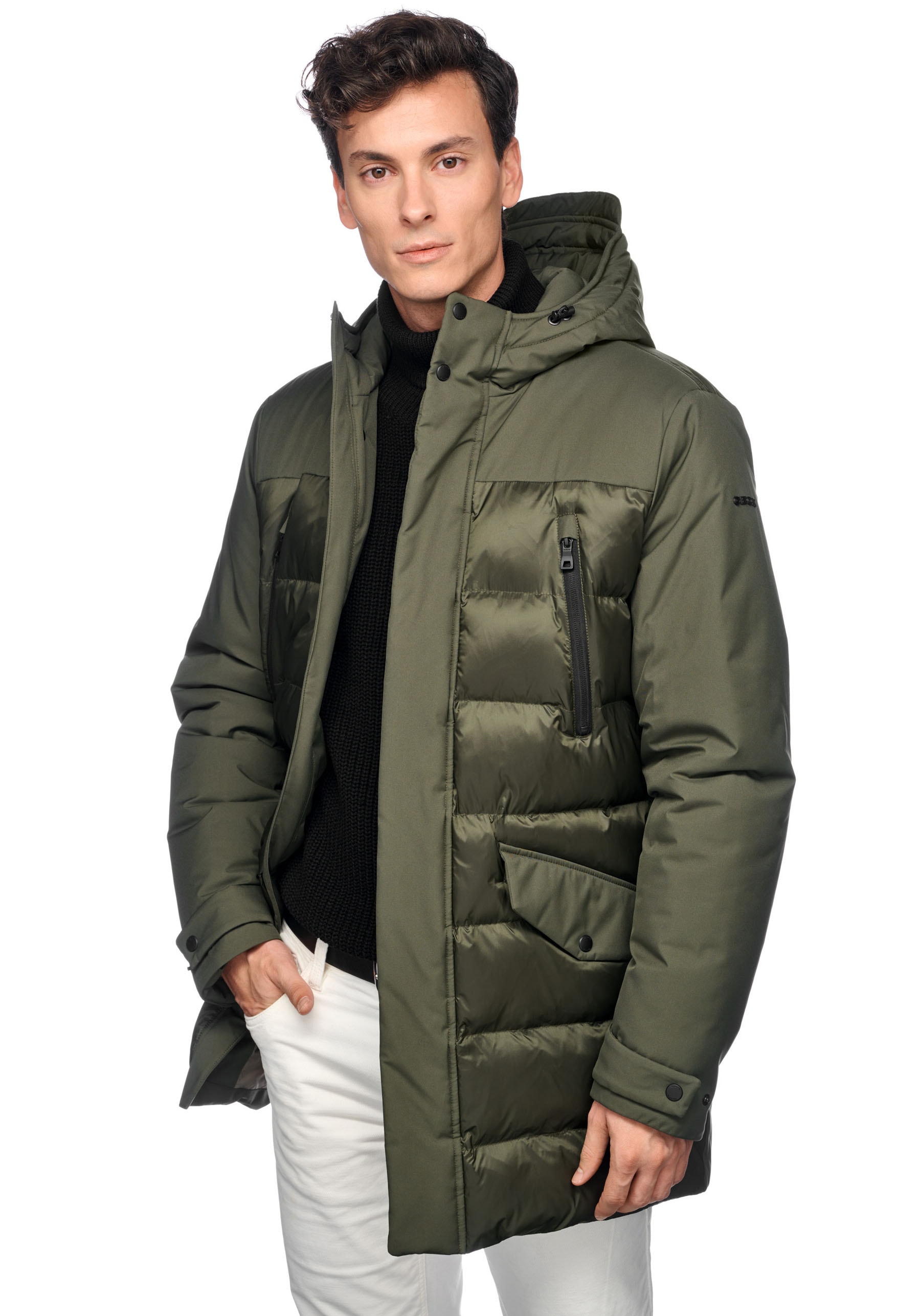 Geox Langjacke »SAPIENZA«, mit Kapuze, im Materialmix, 4 Taschen, Kapuze, verdeckter Reißverschluss