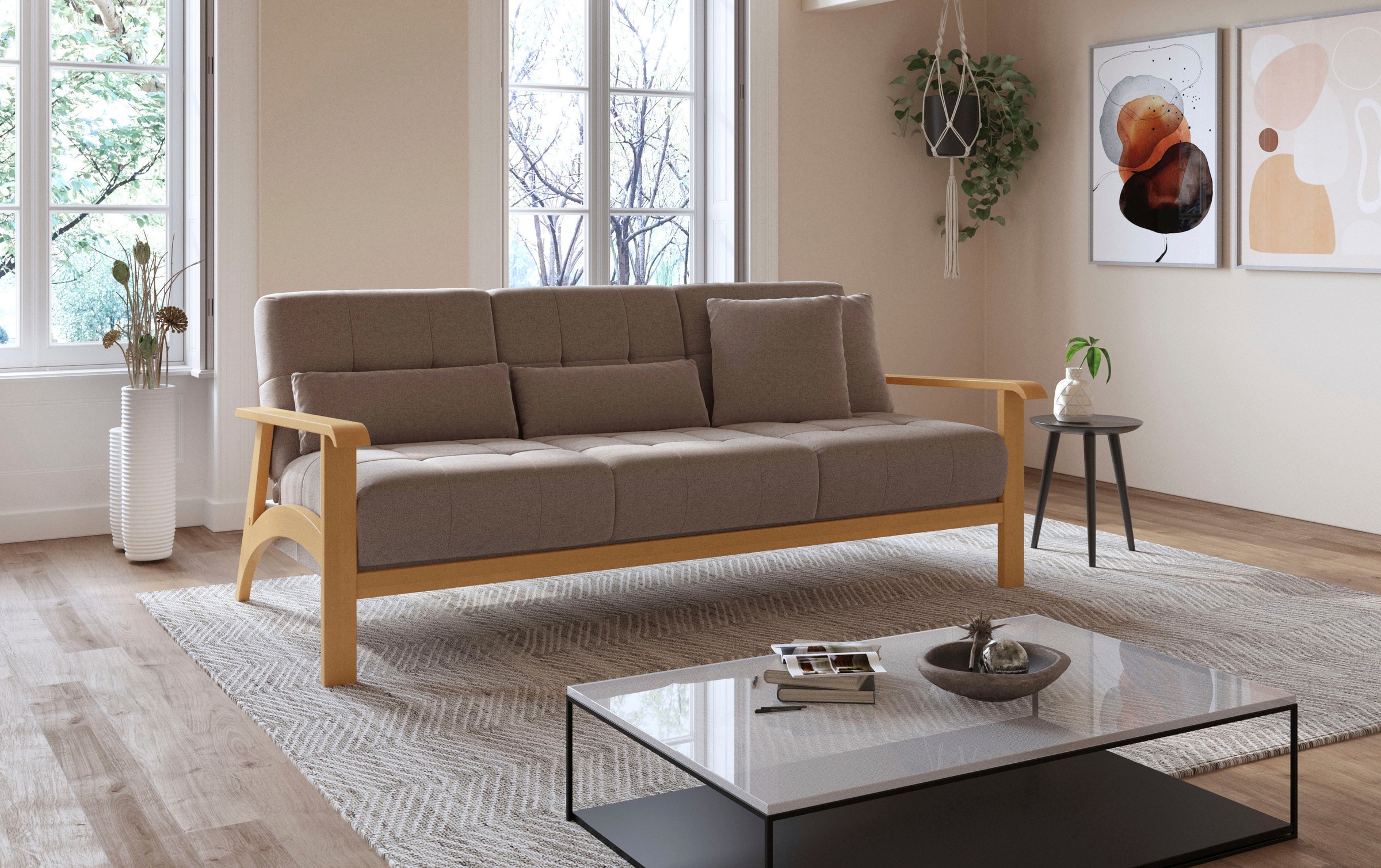 sit&more 3-Sitzer »Billund«, Armlehnen aus eichefarbigem Buchenholz, verschiedene Bezüge und Farben