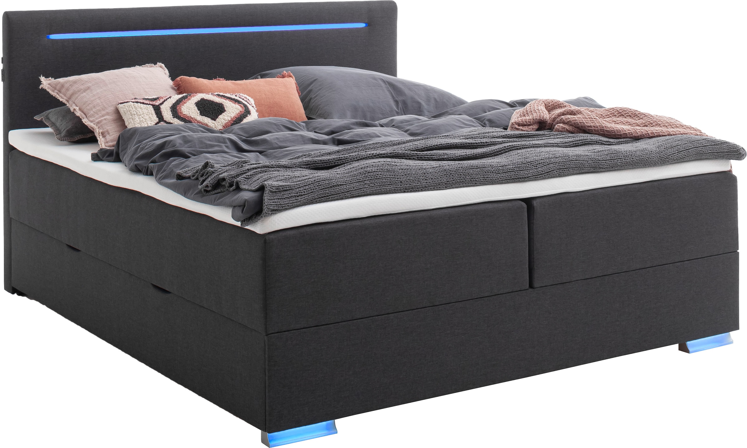 Boxspringbett »Las Vegas«, Füße und Kopfteil mit LED-Beleuchtung, mit Bettkasten und...