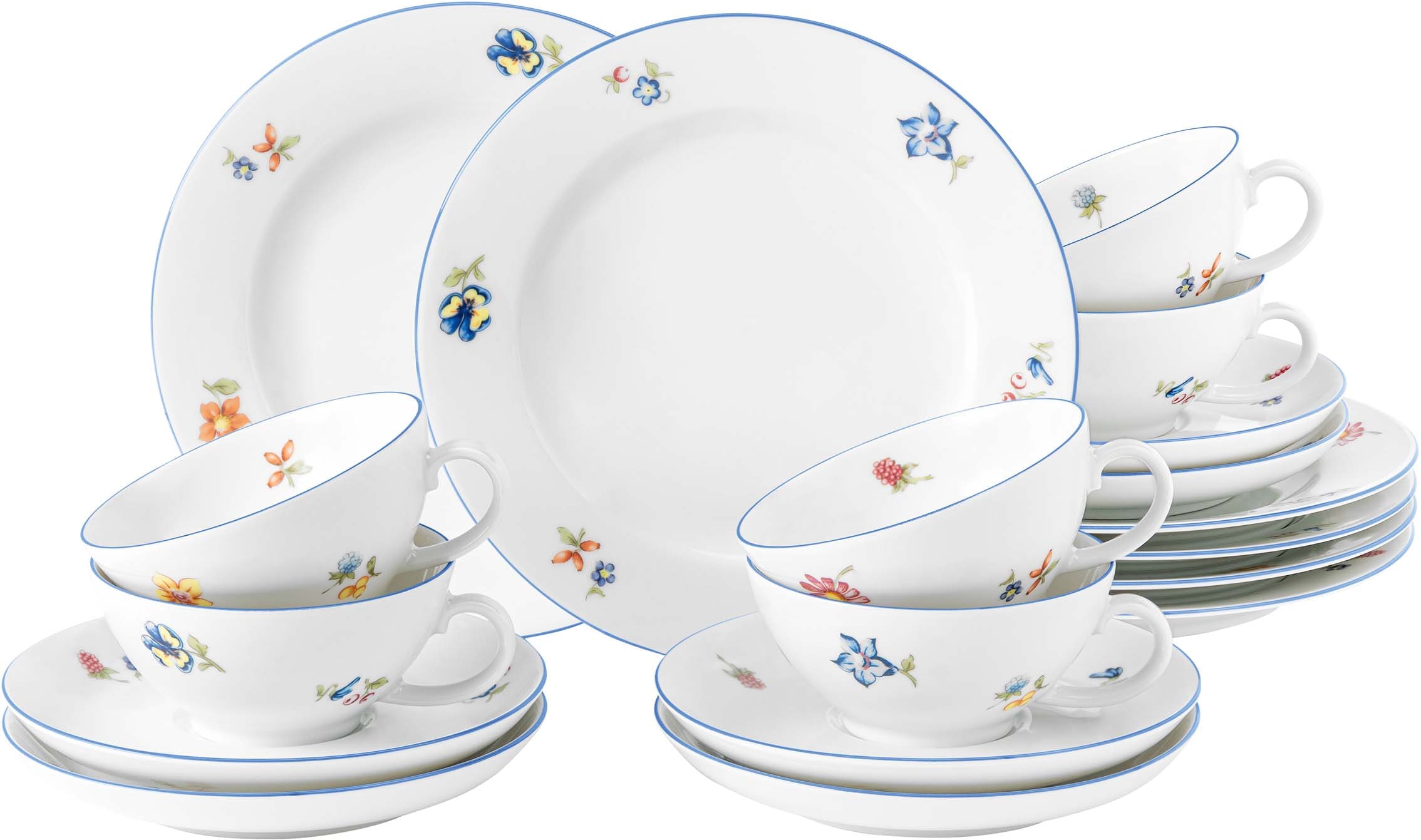 Seltmann Weiden Teeservice »Geschirr-Set Sonate«, (Set, 18 tlg., 6x  Teeobertasse 0,14 l 6x Teeuntertasse 13 cm 6x Brotteller rund 17 cm),  romantische Formensprache, Made in Germany, 18 Teile, für 6 Personen | BAUR