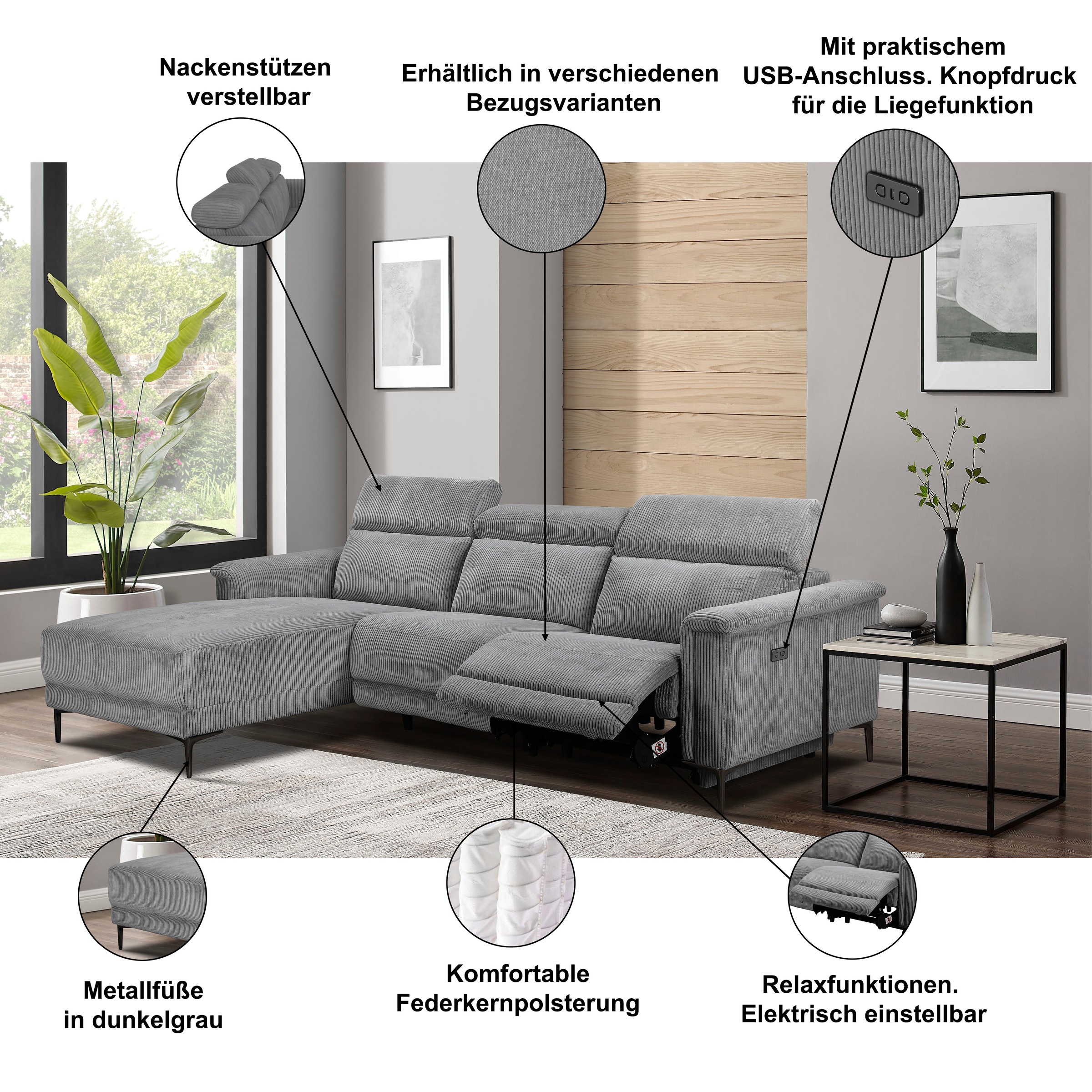 Thumbnail - OTTO home Ecksofa "LUND Cord, L-Form, 261 cm, man. o. elektr. Relaxfunktion (mit USB-A)" und Kopfteilverstellung
