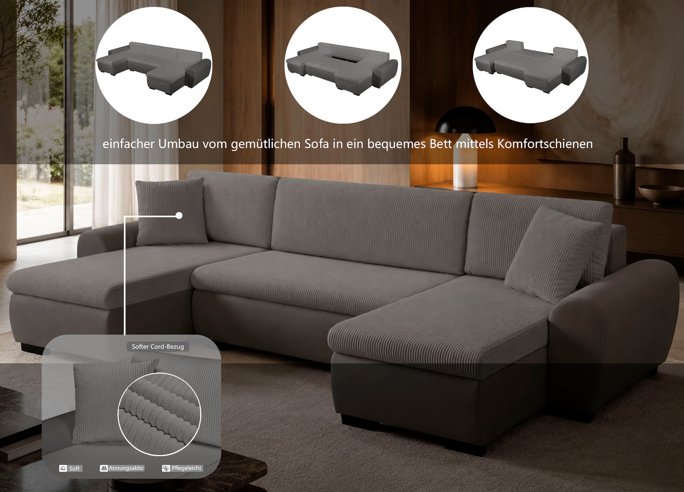 OTTO home Wohnlandschaft »KIVELLA Cord-Struktur, U-Form, 307 cm« Schlaffunktion(128/257), Bettkasten, Cord-Struktur-Mix