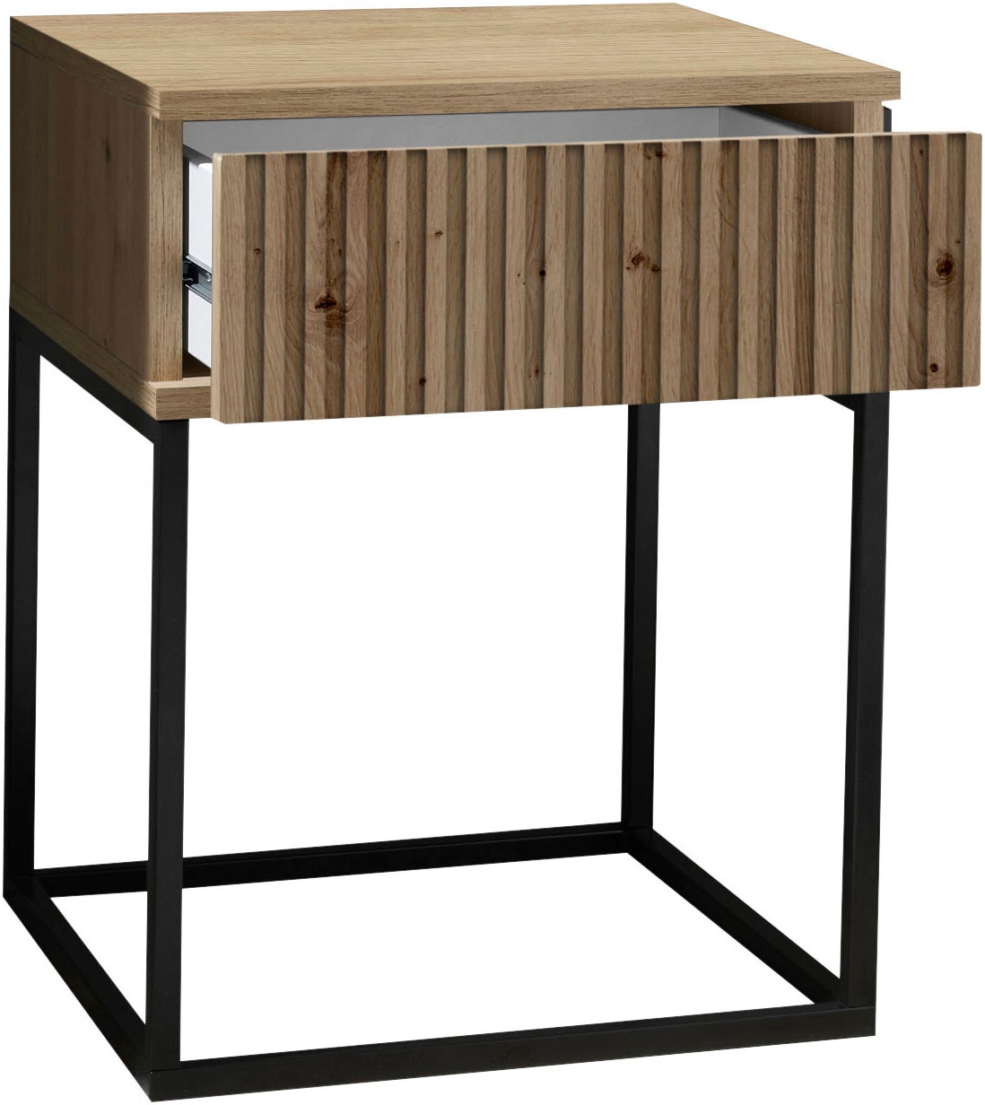 Schlafkontor Nachtkommode »Marle Nachtkonsole, Nachtkästchen auf Metall-Fußgestell« Schubkasten in Rillenoptik auf schwarzem Metallgestell