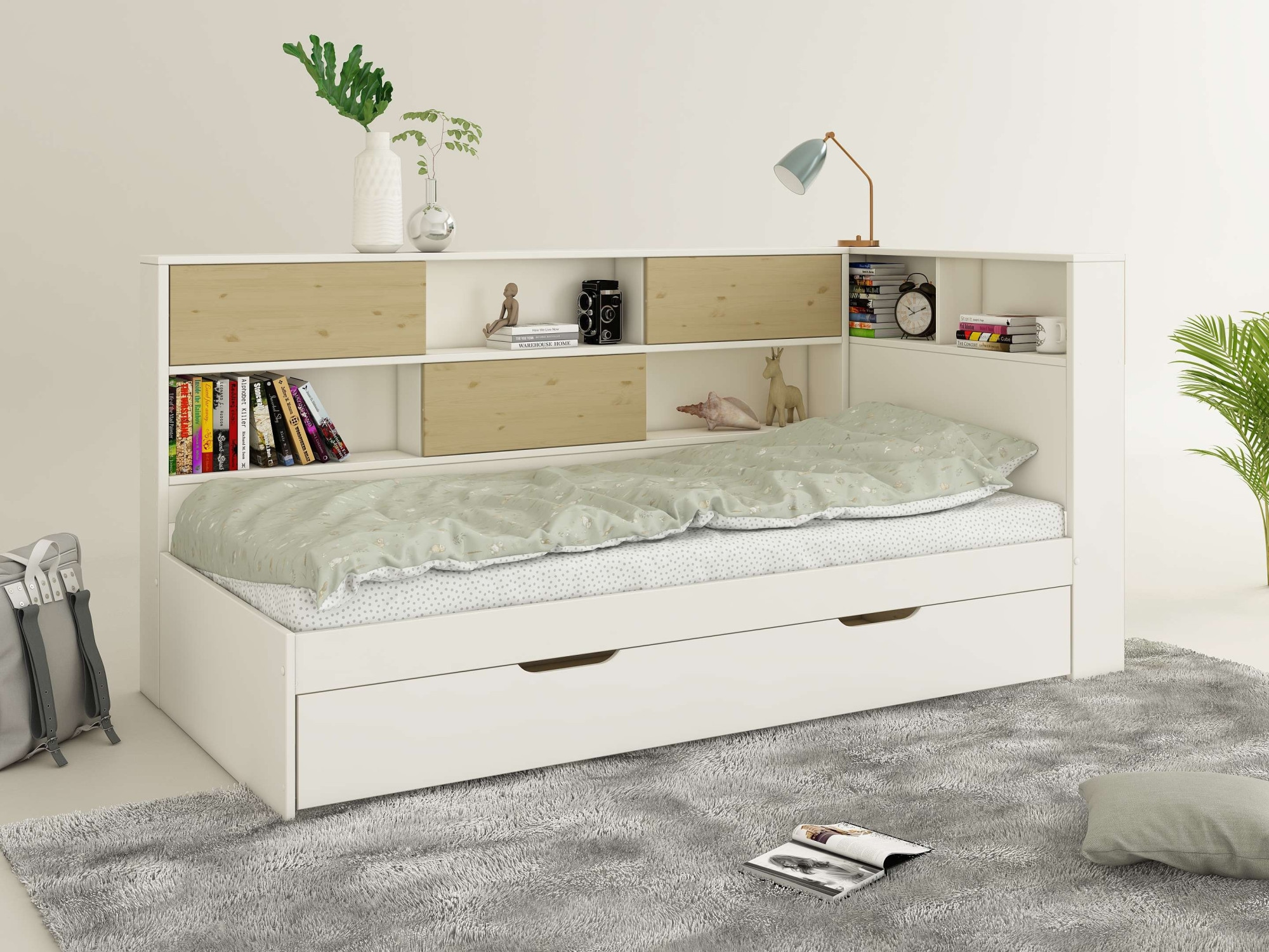 Home affaire Stauraumbett »Amance, Massivholz mit MDF, viel Stauraum, ideal für kleine Räume«, (Außenmaße B/T/H: 110,2/220,1/106,9 cm), FSC® zertifiziert, inklusive Lattenrost, Made in EU