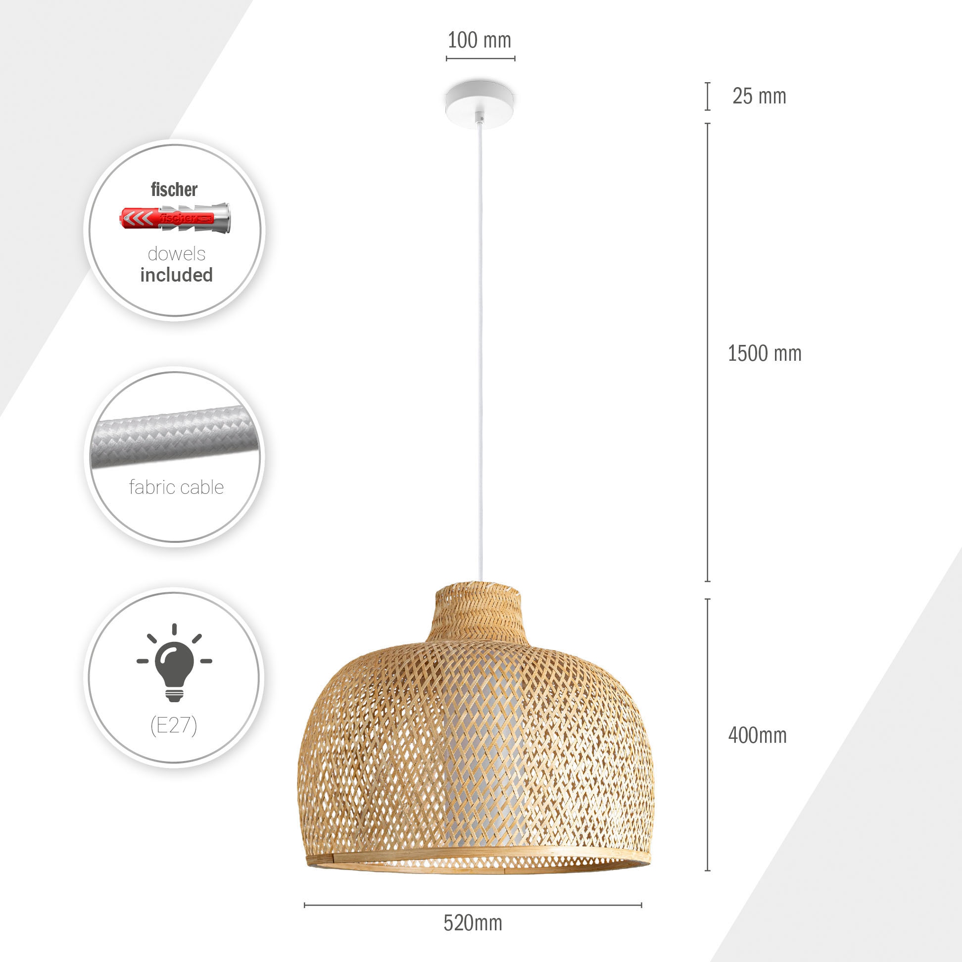 Pendelleuchte Lampe Paco LED Boho E27 Bambus Rustikal Wohnzimmer | Korblampen »TOPU«, Home Pendellampe BAUR