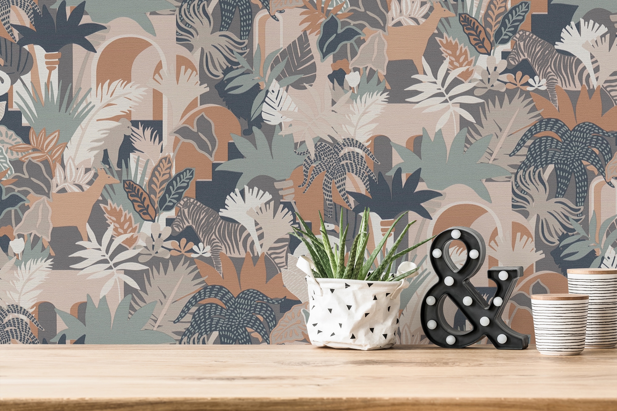 A.S. Création Vliestapete »Antigua Retrotapete Artdeco«, matt-gemustert-neutral, Dschungeltapete Floral mit Tieren Tapeten Wohnzimmer Schlafzimmer Flur