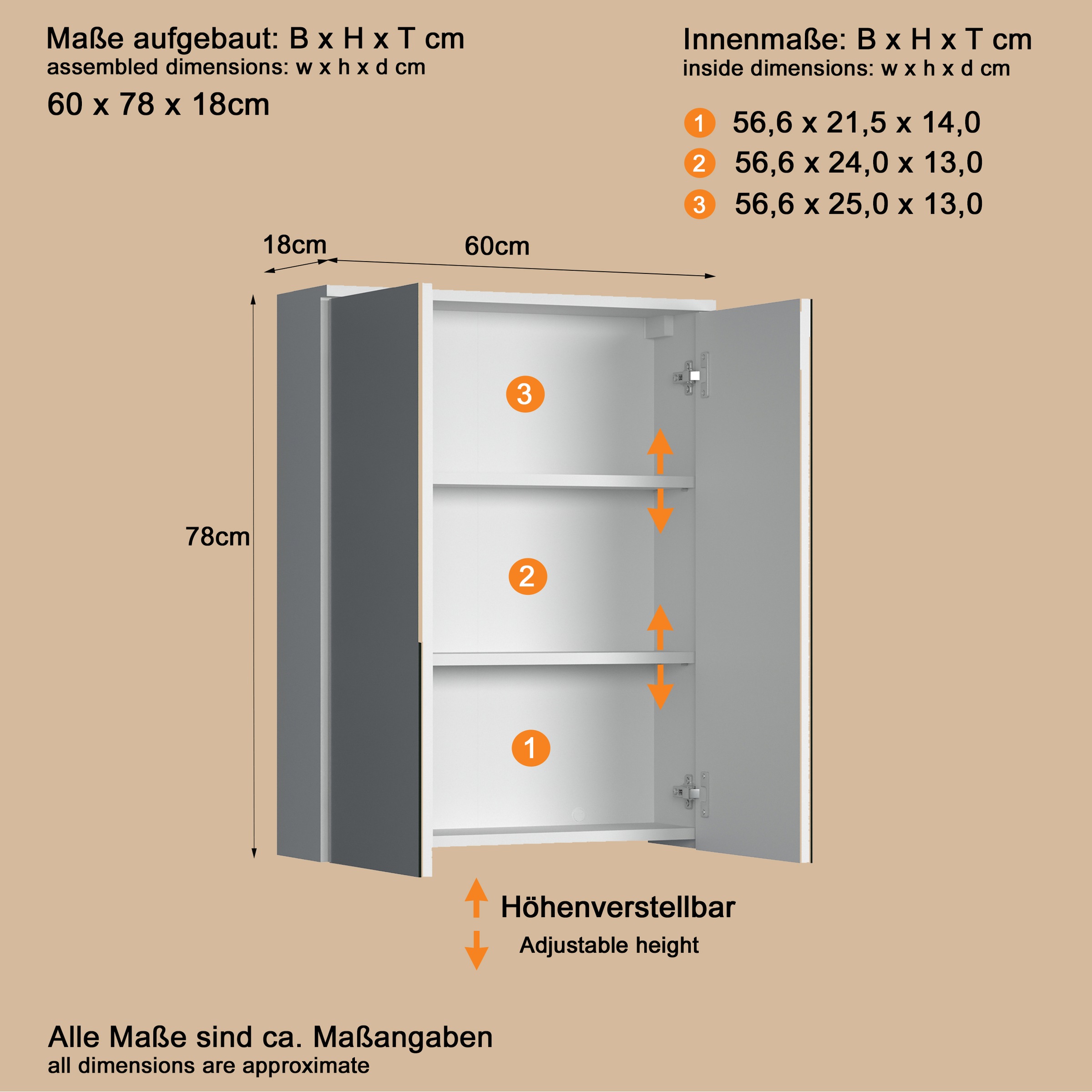 Thumbnail - welltime Spiegelschrank "Prag" 1 Stk. tlg. Spiegelschrank mit 2 Spiegeltüren - (B/T/H) 60/18/78 cm