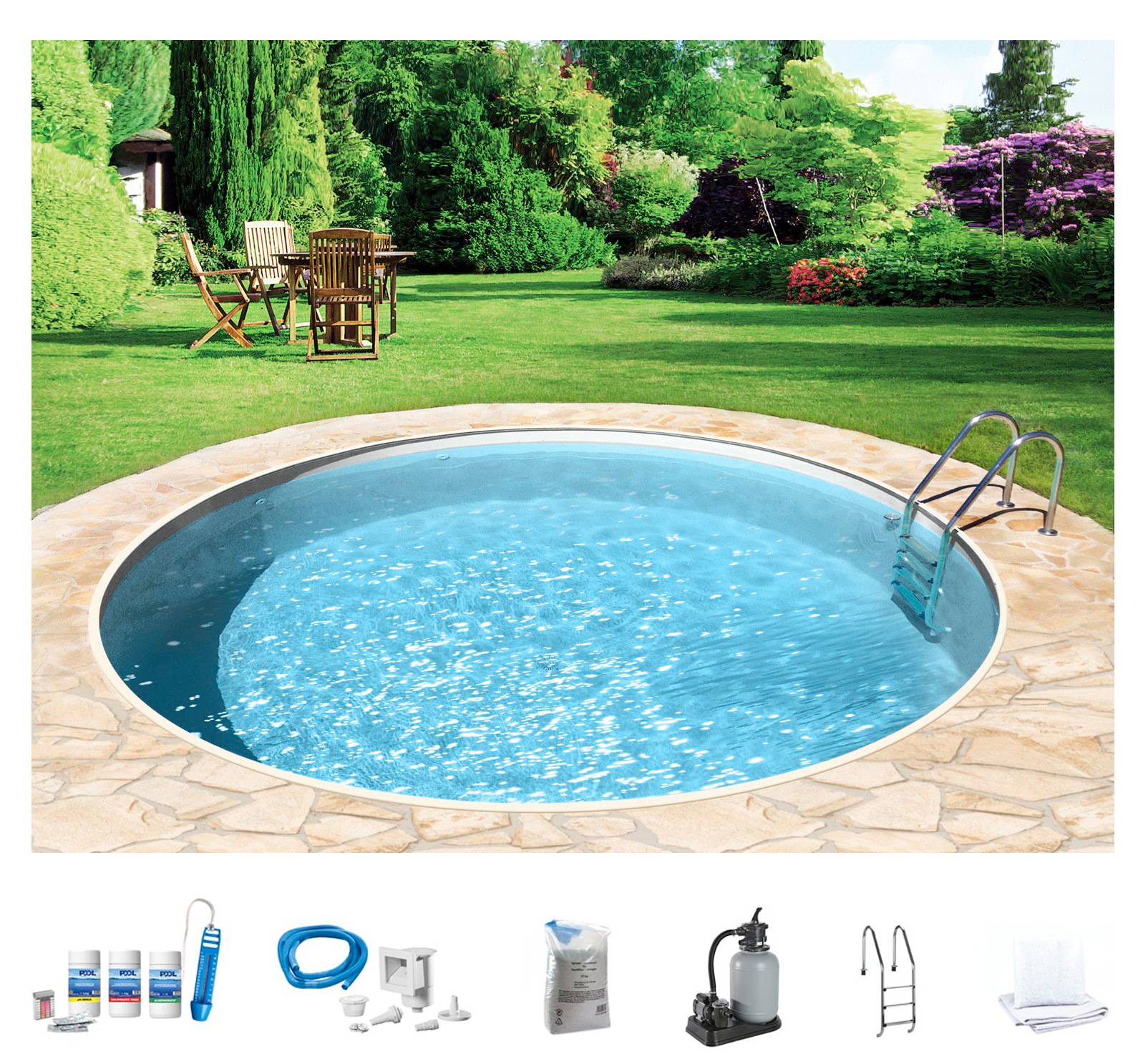 my POOL BWT Rundpool »mit sandfarbener Folie für den Karibik Look«, (Set, 7 tlg.), Höhe: 120 cm, inkl. umfangreichem Zubehör, verschiedene Größen