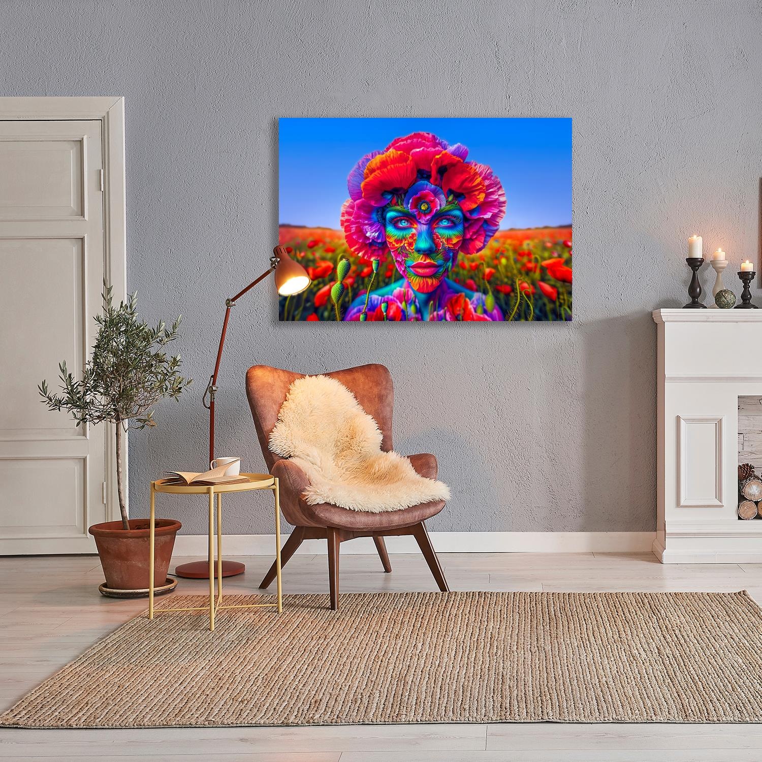 queence Acrylglasbild »Mohn-Zeit«, Fantasy-Frau-Blumen-Blumenbilder-Mann, (1 St.), Kunst, knallige Farben, bunt