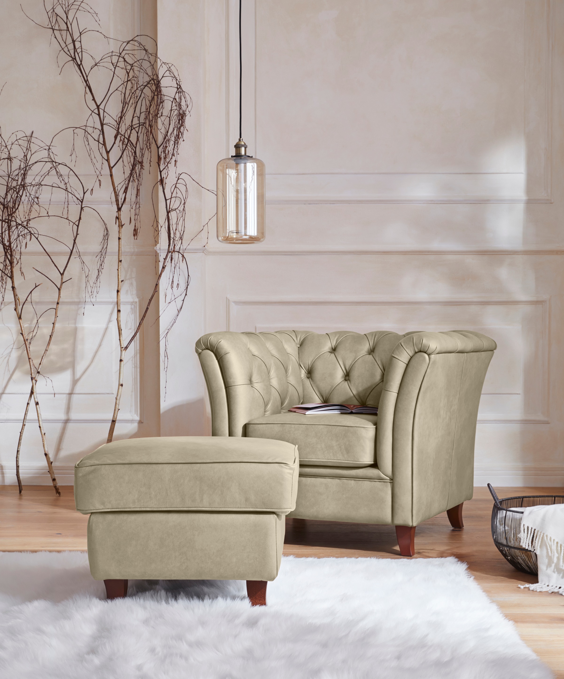 Home affaire Polsterhocker »Reims«, echte Chesterfield-Knopfheftung, Samtoptik mich changierender Optik