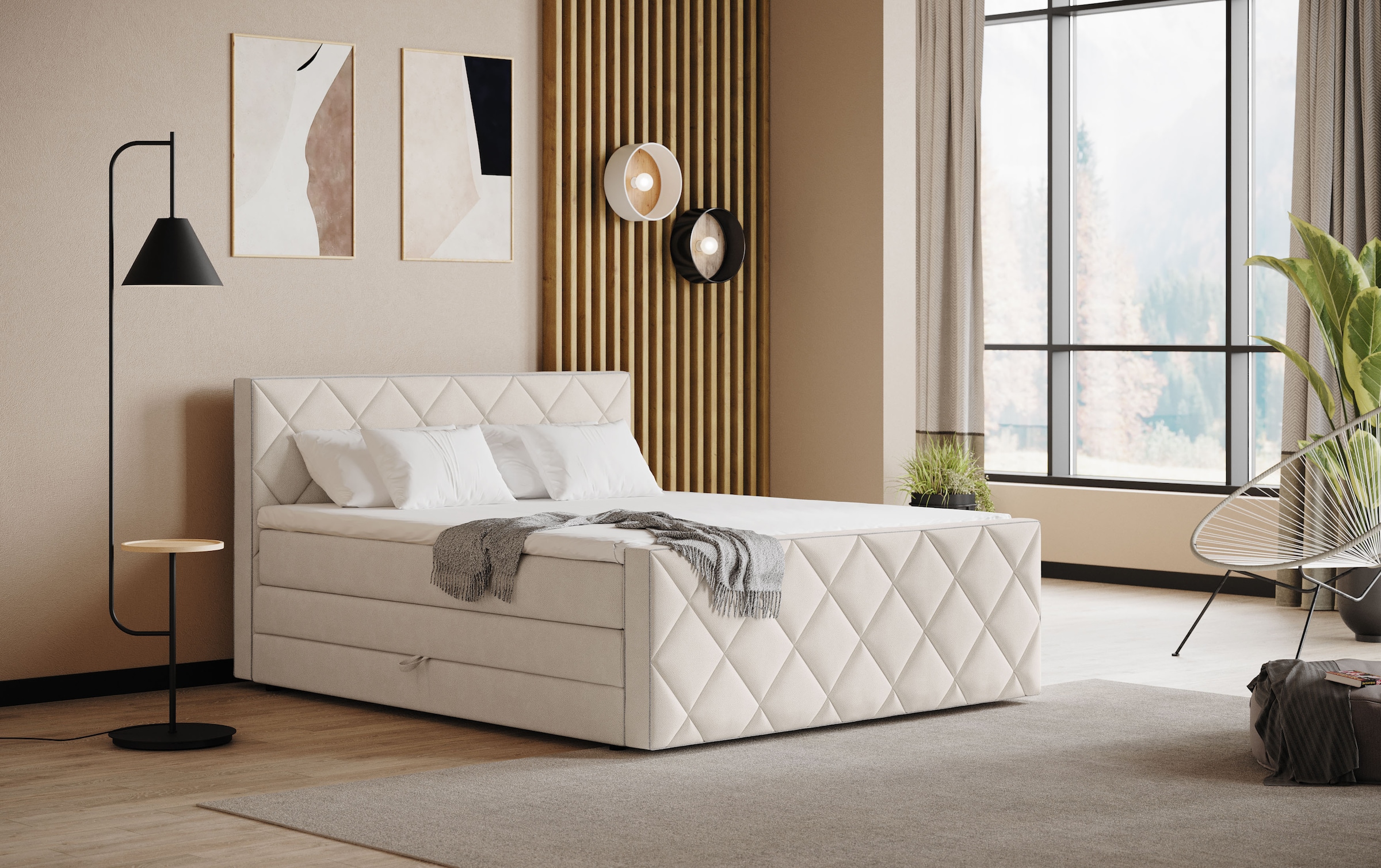 Boxspringbett COTTA "Tower inkl. Bettkasten, mit Keder in abgesetzter Farbe", beige, keder: light grau, B:161cm L:228cm, 100% POLYESTER (PES), Komplettbetten, Boxspringbett, in verschiedenen Breiten, Härtegraden und Farben erhältlich