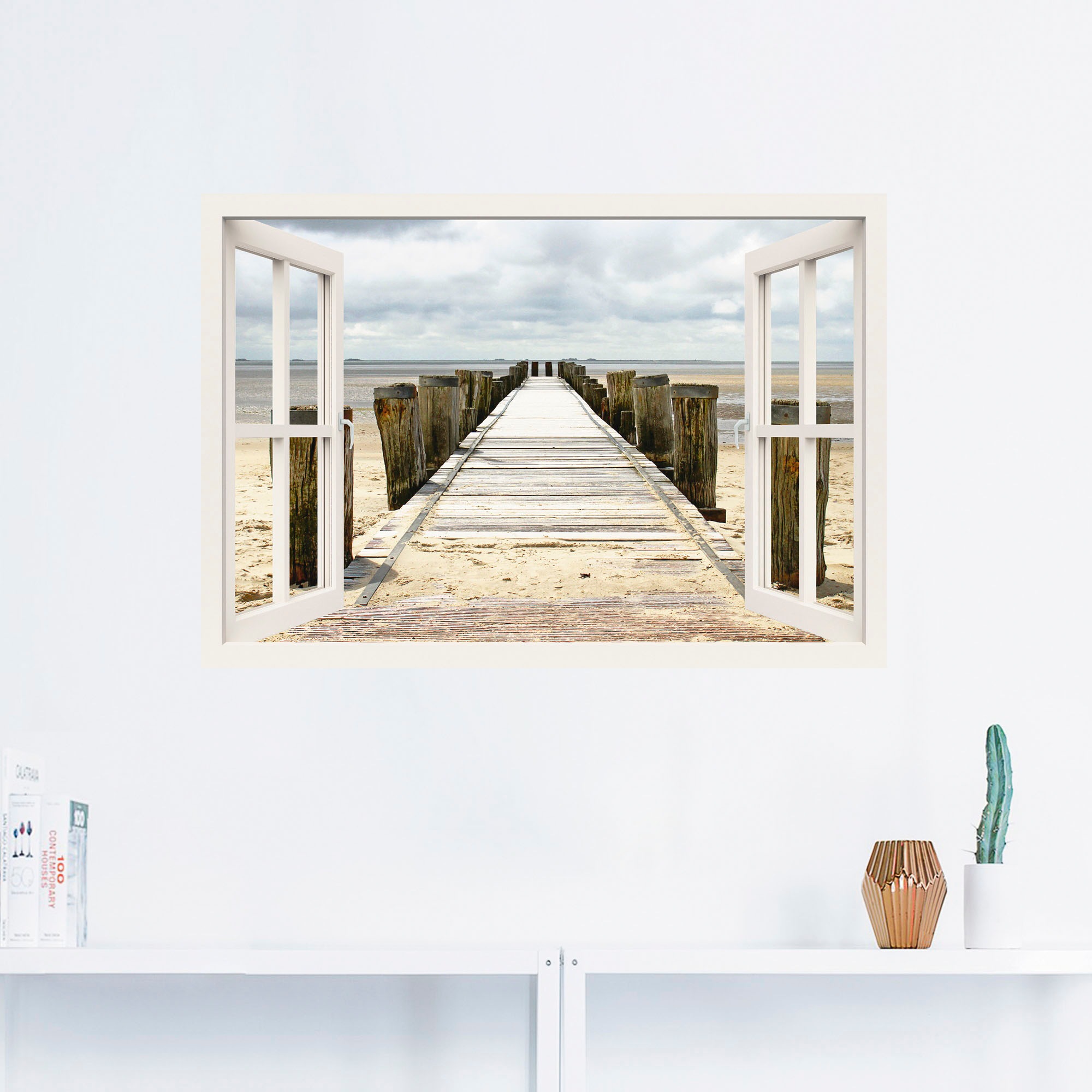 Artland Wandbild »Fensterblick - Steg ins Watt«, Fensterblick, (1 St.), als Leinwandbild, Wandaufkleber in verschied. Größen