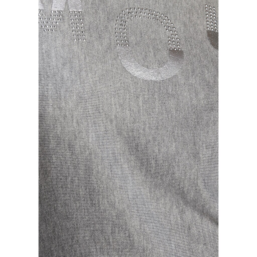 Damenmode Pullover Melrose Fledermauspullover »AMOUR«, mit Glitzersteinen und Folienprint hellgrau-melange Damenmode Pullover Melrose Fledermauspullover »AMOUR«, mit Glitzersteinen und Folienprint hellgrau-melange