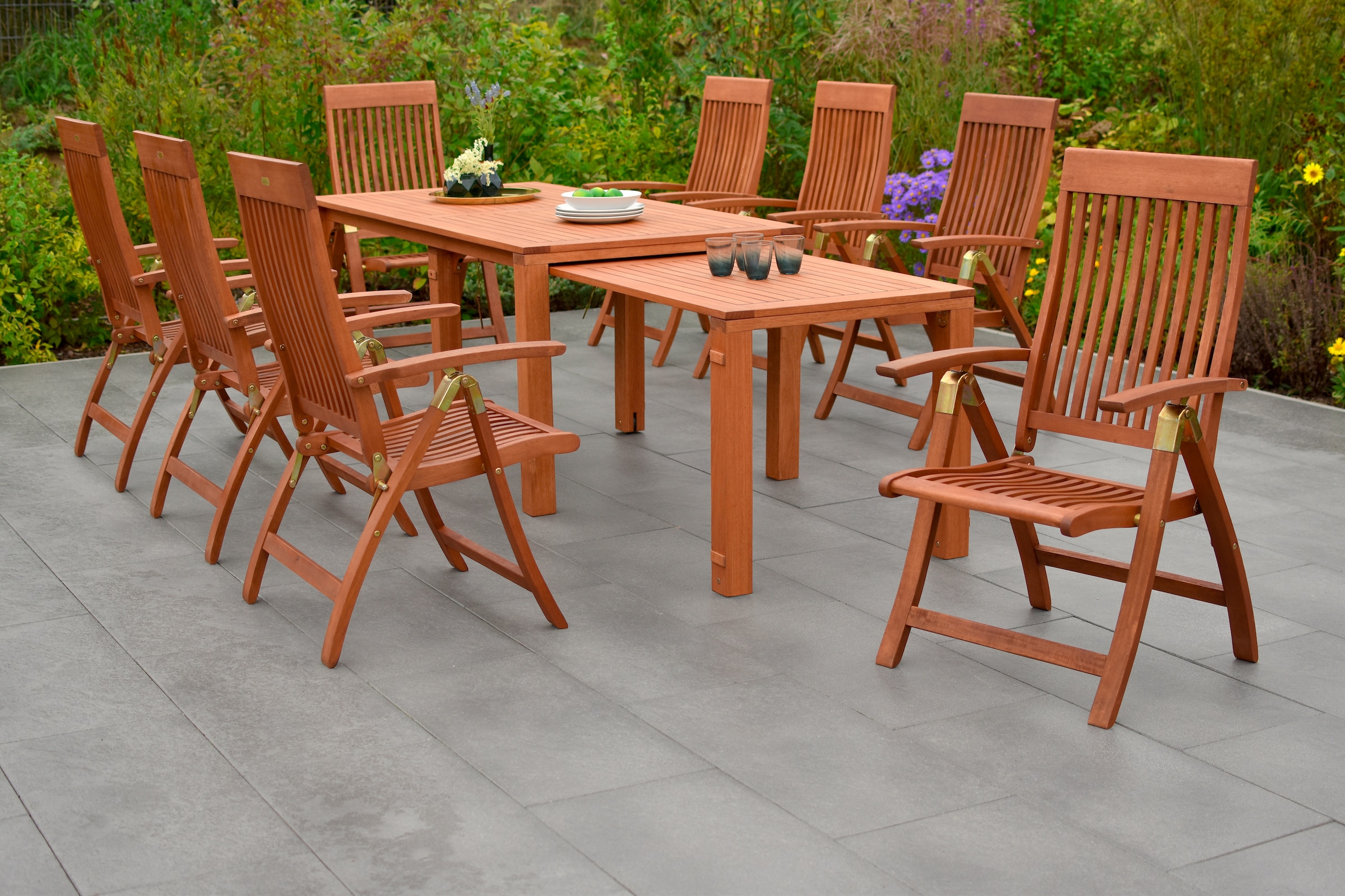 MERXX Garten-Essgruppe "Comodoro" Set, 9 Stk. tlg. 8 Klappsessel, 5-fach verstellbar, Ausziehtisch