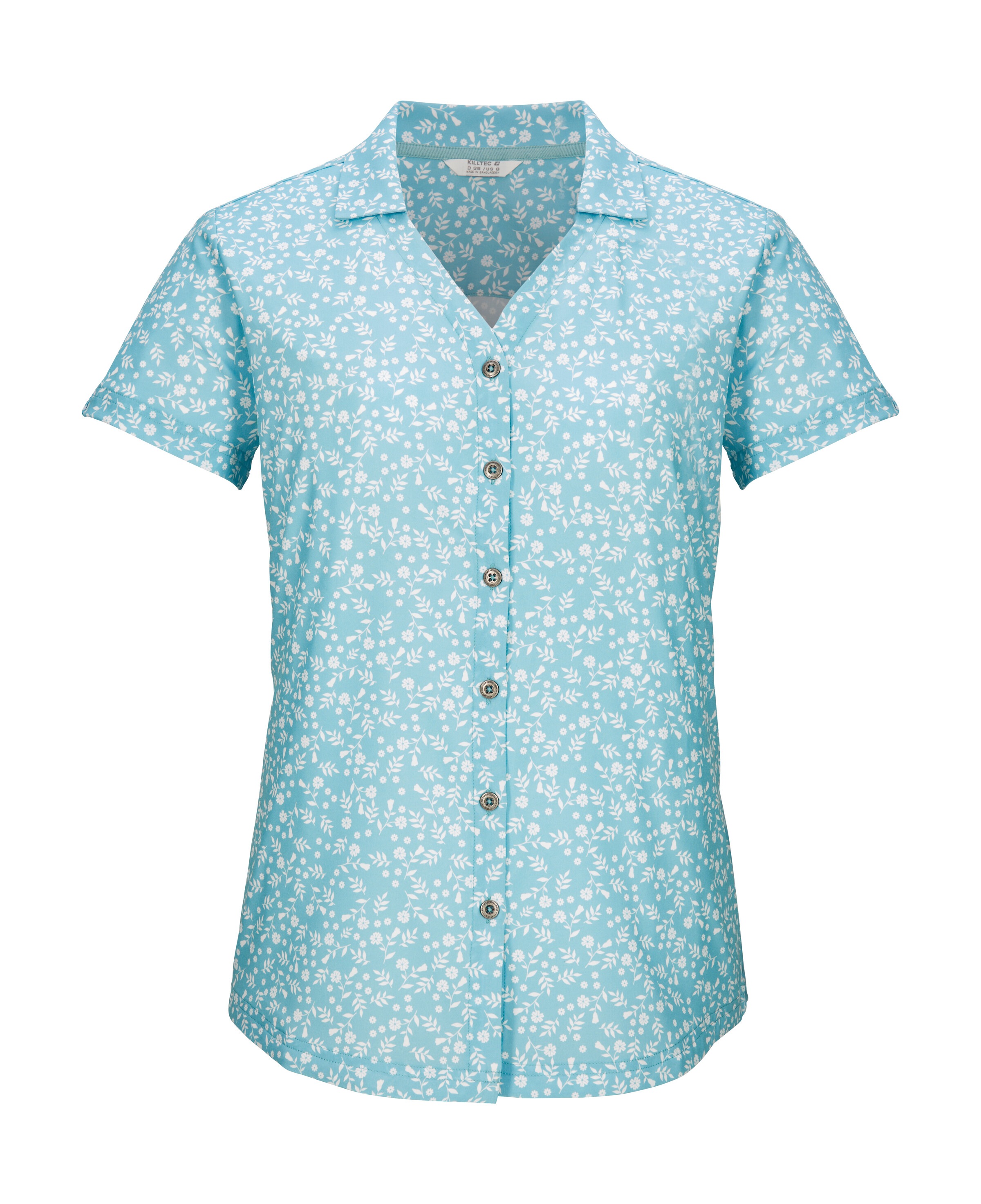 Funktionshemd KILLTEC "KOS 86 WMN WVN SHRT", Herren, Gr. 48, Normalgrößen, ocean, Obermaterial: 92% Polyester, 8% Elasthan, Hemden, Schnelltrocknende Damenbluse mit floralem Print und Zierriegeln