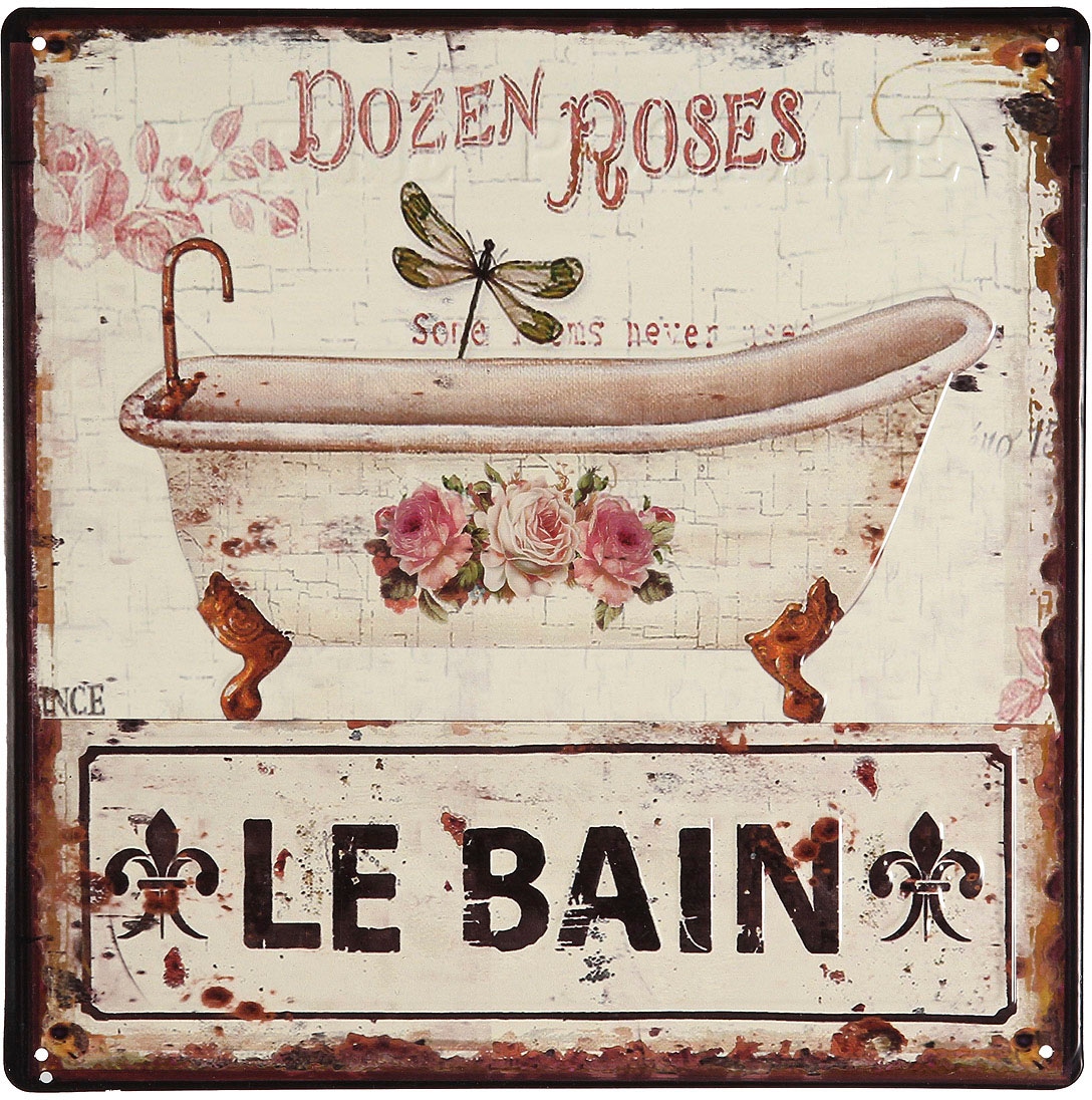 Ambiente Haus Metallbild "Le Bain 30x30cm" 1 Stk. tlg. mit Schriftzug und Rosen