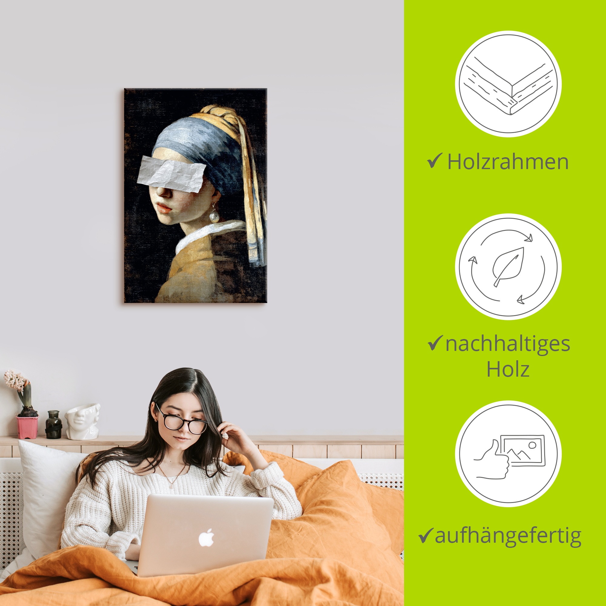 Wandbild ARTLAND "Mädchen mit dem Perlenohrring und Papier", farbe bild(er): schwarz, B:60cm H:90cm, Bilder, als Alubild, Leinwandbild, Poster, Wandaufkleber in verschied. Größen 5