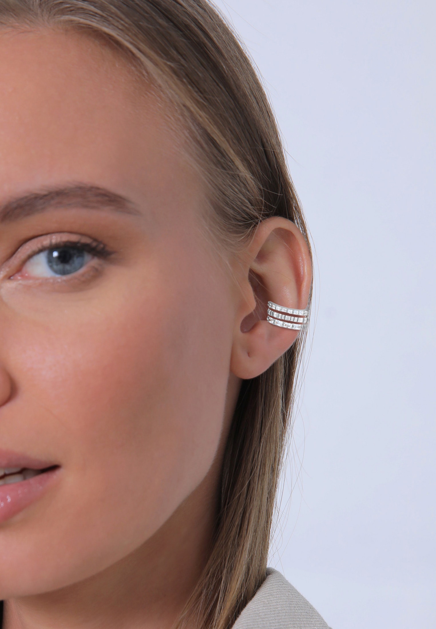 Elli Premium Paar Ohrklemmen »Ohrringe Earcuff Geo Zirkonia Riffel 3er Set 925 Silber«
