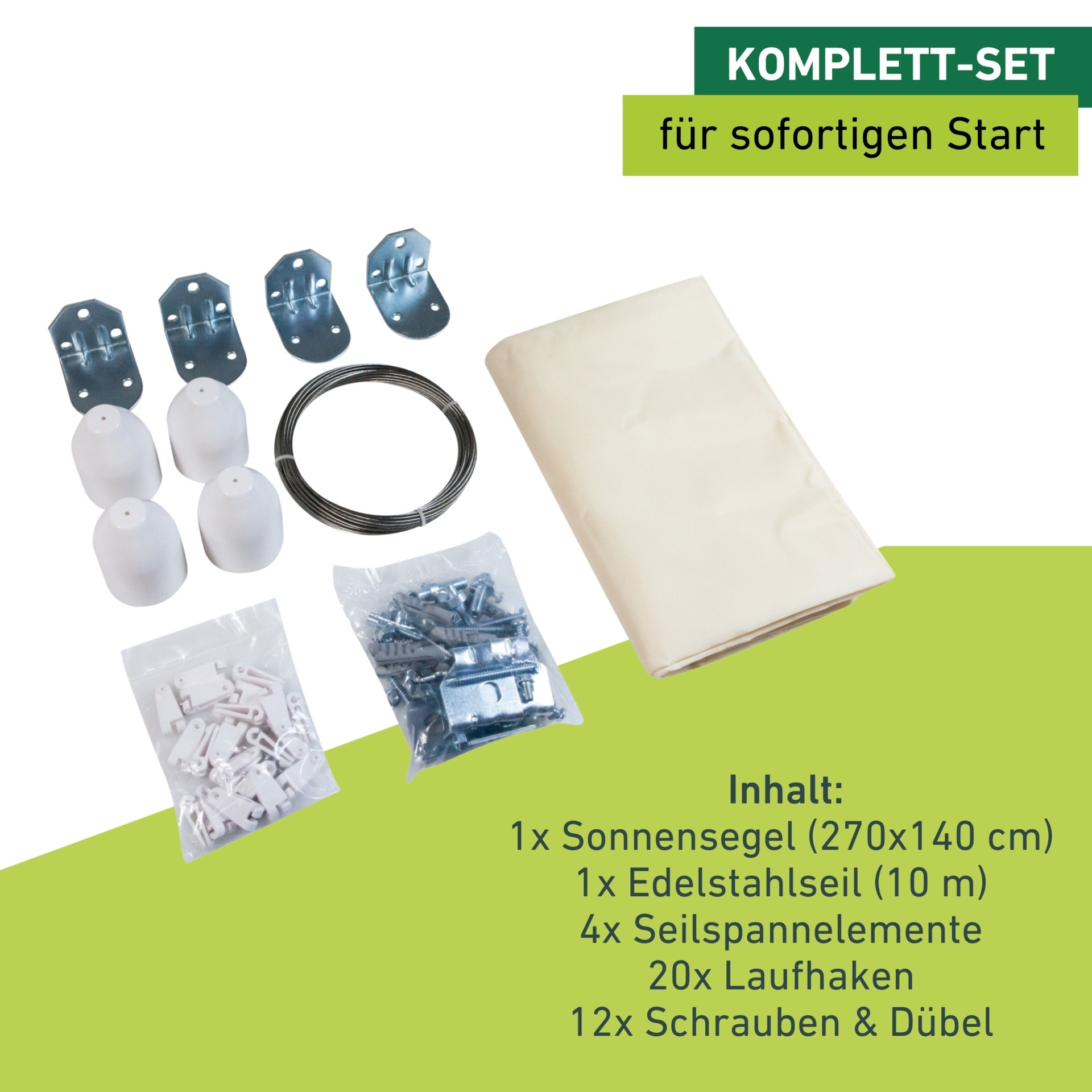 Windhager Seilspannsonnensegel »komplett-Set, Sonnensegel und Montagezubehör« Sonnenschutz für Garten, Terrasse, 140 x 270 cm, cremeweiß