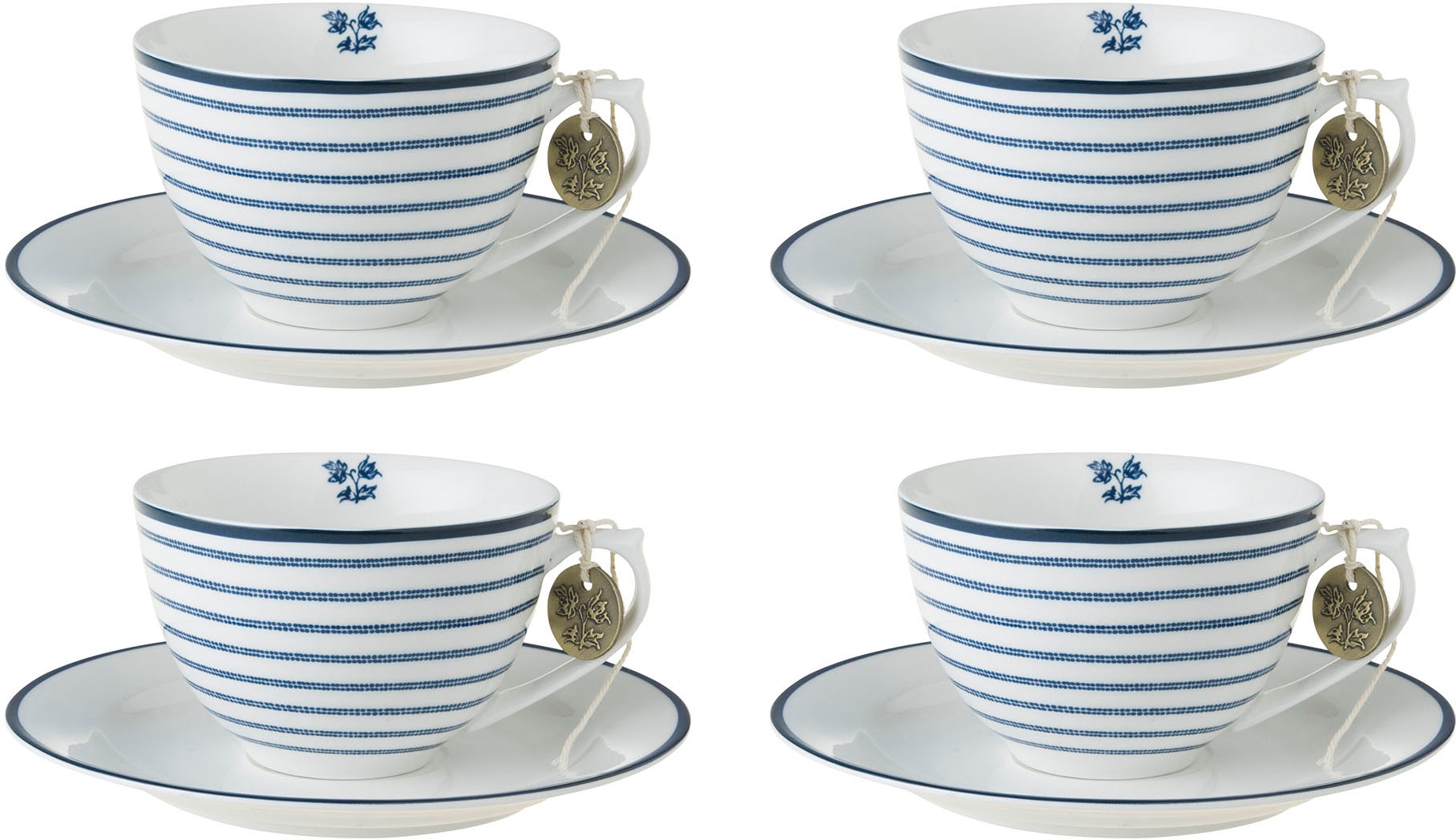 LAURA ASHLEY BLUEPRINT COLLECTABLES Cappuccinotasse »Candy Stripe«, (Set, 8 tlg., 4 Cappuccinotassen und 4 Unterteller), 4 Tassen, 4 Untertassen