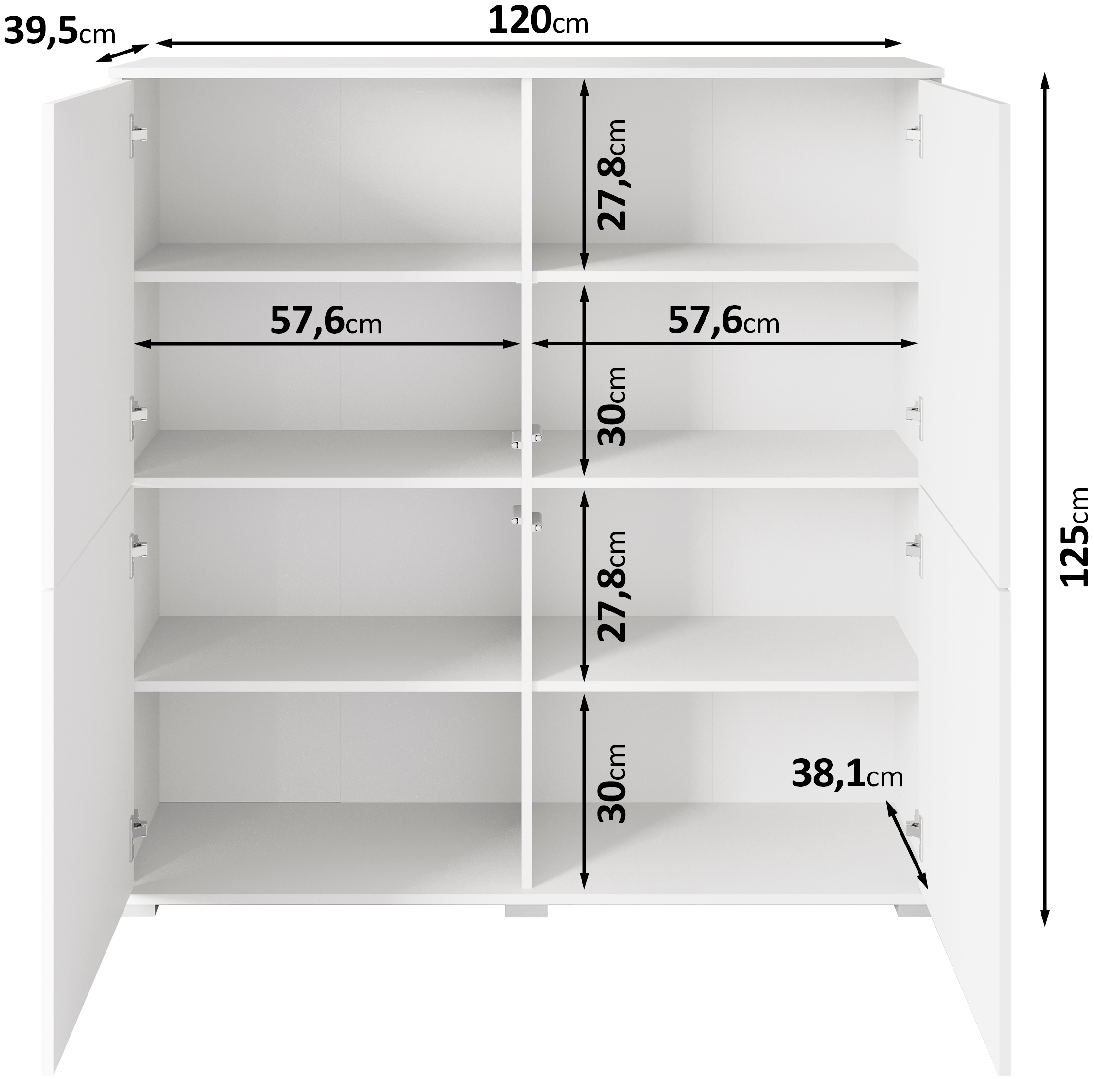 INOSIGN Highboard »Kenia, moderne grifflose Hochkommode mit 4 Türen, Breite 120 cm«, (1 St.), Push-to-Open-Fronten, höhenverstellbaren Einlegeböden