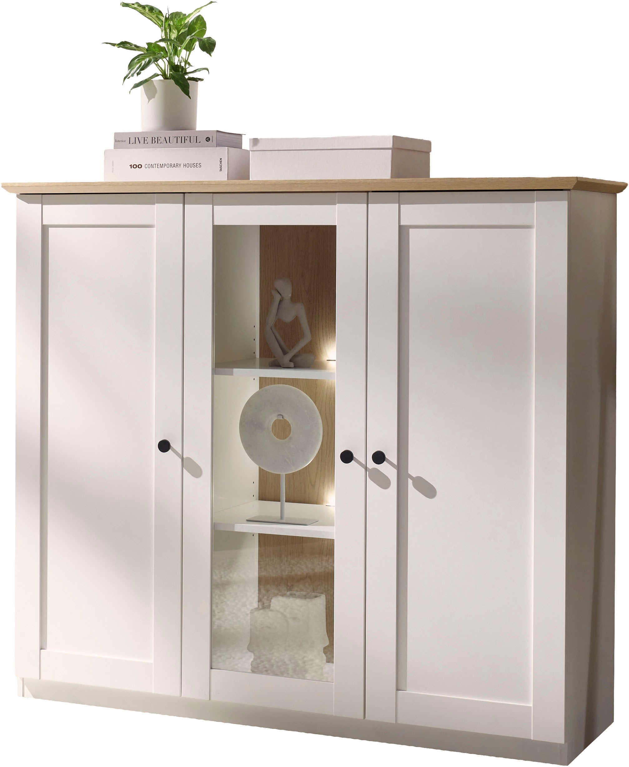OTTO home Highboard »Brest, Schrank im Landhausstil, Sideboard, zeitloses Stauraumelement« schwarze Metallgriffe, ausreichend Stauraum, Glastür, 139 cm breit