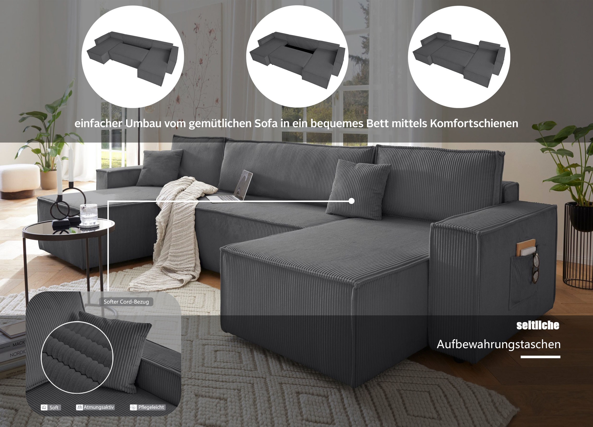 Thumbnail - OTTO home Wohnlandschaft "CASSI L-Form, 311cm - OTTO. Verlässliche Qualität." Schlaffunktion (133/200), Bettkasten, Cord...