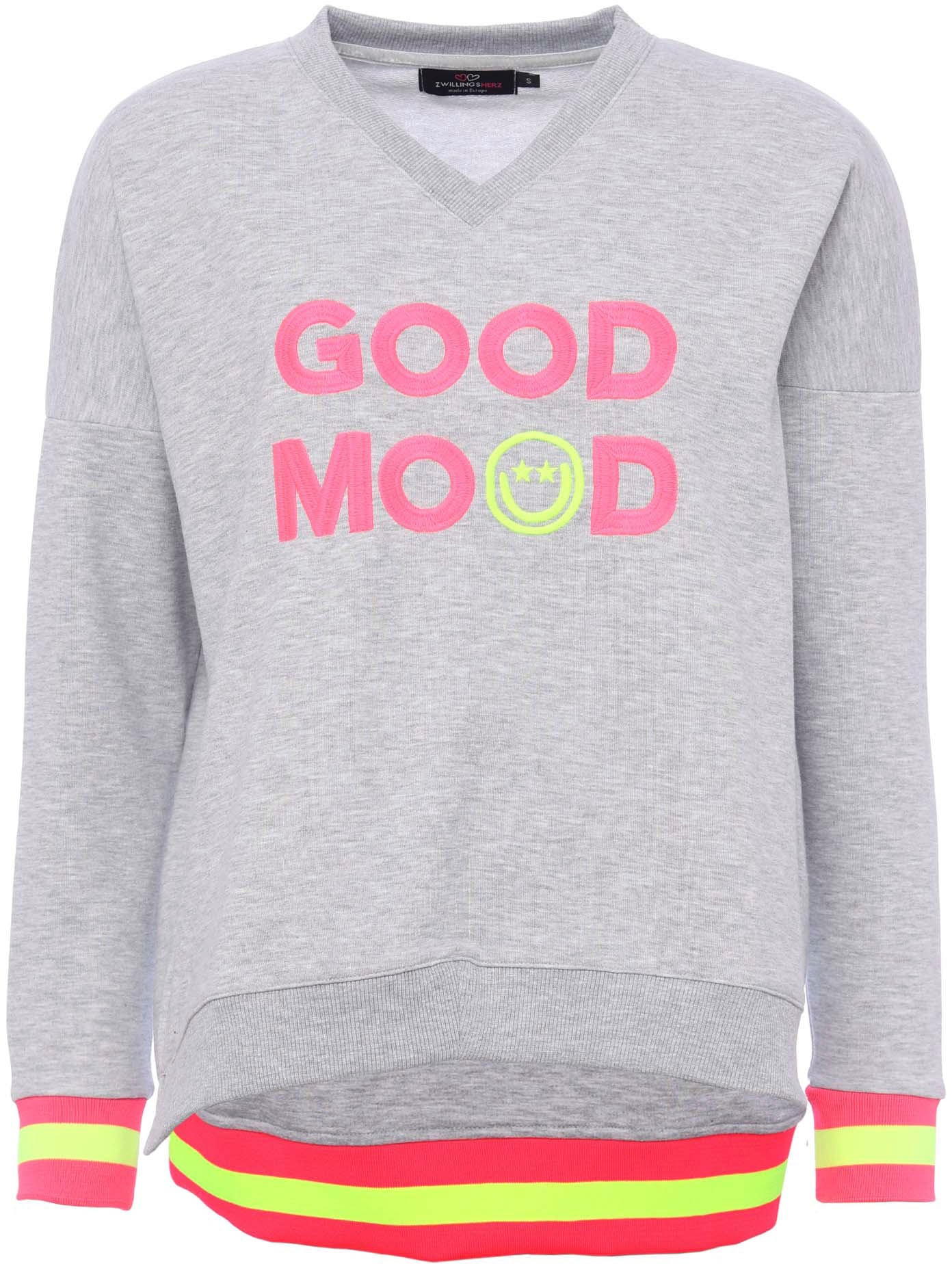 Zwillingsherz Sweatshirt, mit aufgesticktem Smiley und "Good Mood"-Schriftz günstig online kaufen