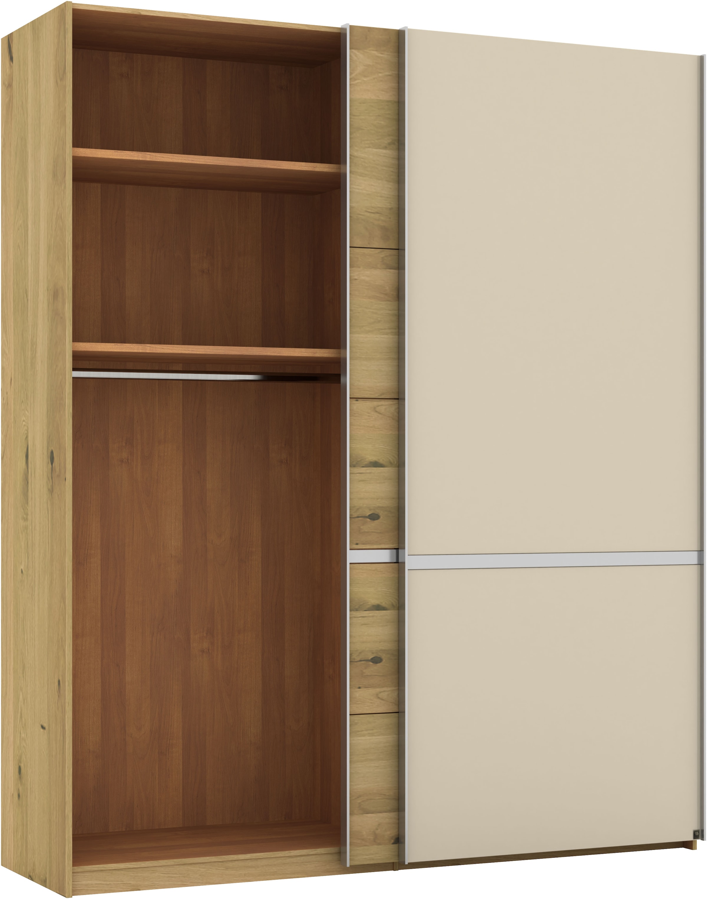 Musterring Schwebetürenschrank »Savona, Kleiderschrank, Schrank, Garderobe, mit Schiebetüren«, (Teilmassiv Bianco-Eiche, mit Spiegel oder Glas, MADE IN GERMANY), Türen Bianco-Eiche massiv, Spiegel-/Glastüren, eingelegte Chromleiste