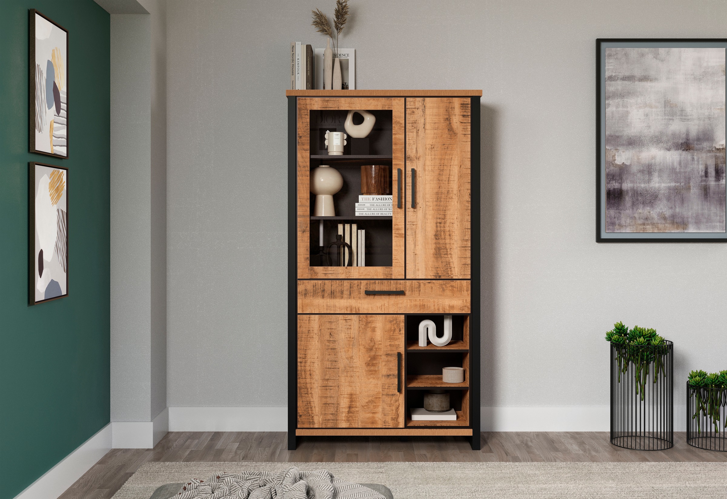 Home affaire Vitrine "Elda" 1 Stk. tlg. Vitrine mit 3 Türen & 1 Vollauszug günstig online kaufen