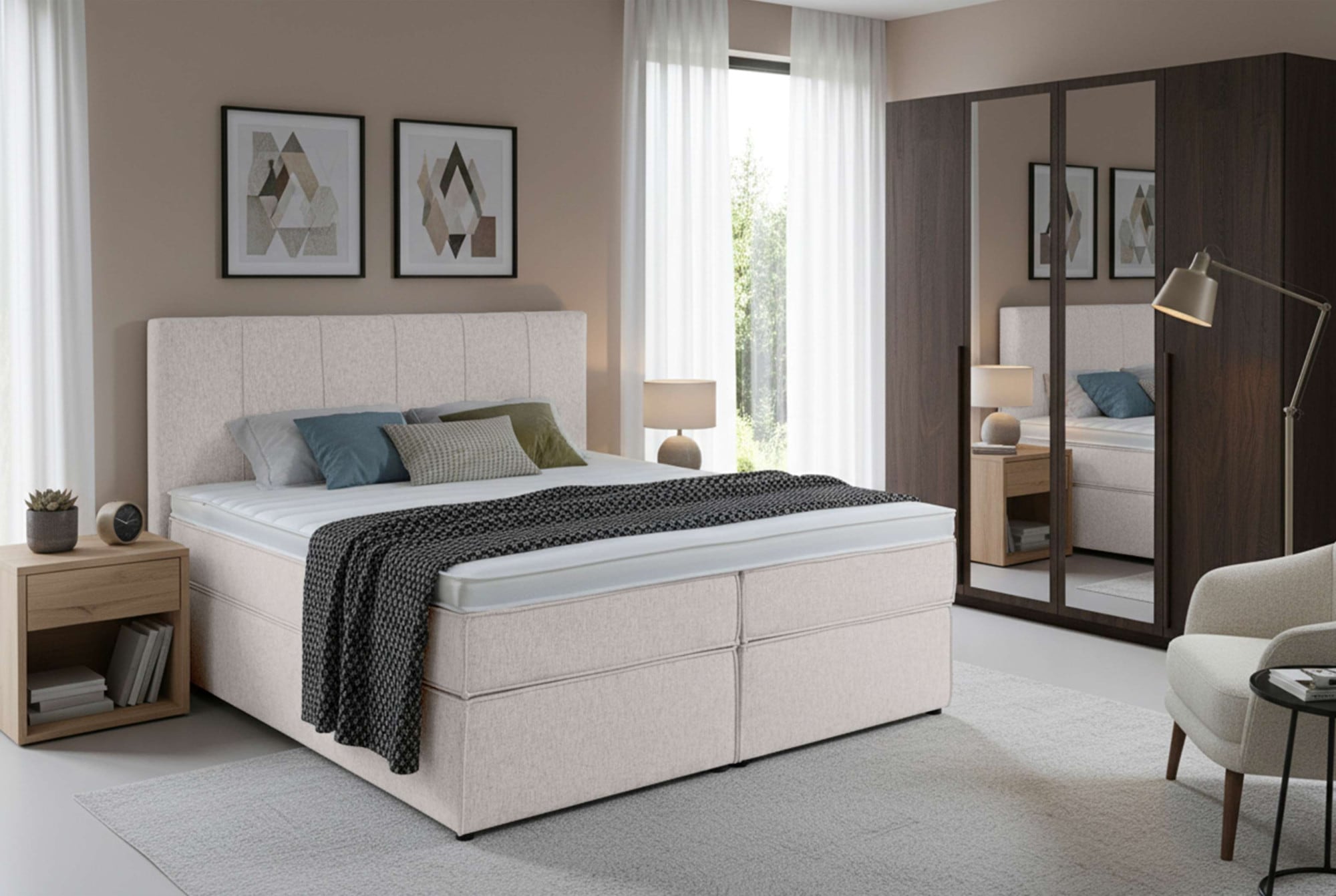 Home affaire Boxspringbett "Leon, Doppelbett, Polsterbett, Federkernbett, Komfortbett, 160, 180 cm" inkl. 9 cm Topper, 5-Zonen-Taschen-Federkernmatratze in H3