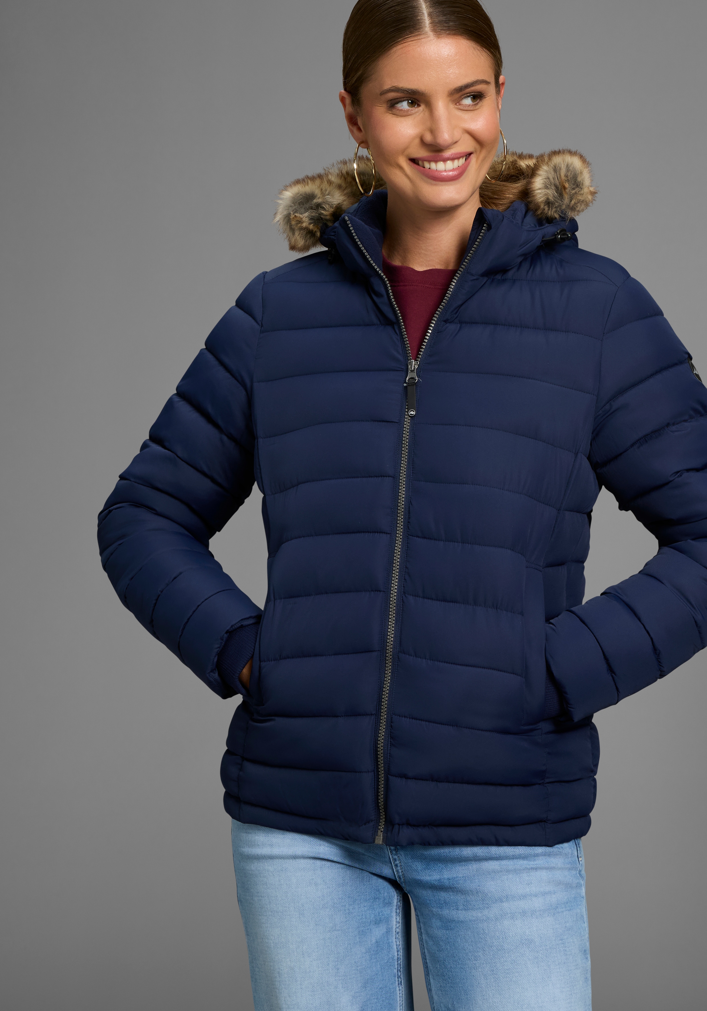 Polarino Steppjacke mit Kapuze Kapuze mit Fellimitat zum Abnehmen