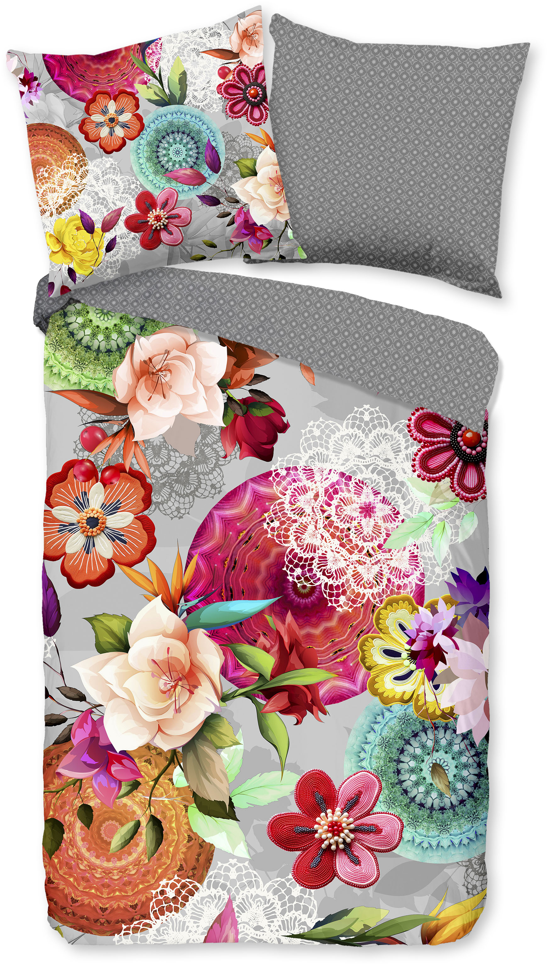 hip Wendebettwäsche "Isarea" 2 Stk. Flanell, Biber, Winter, Warm, Wendeoptik, Mandala, Blumen, Grau, Bunt