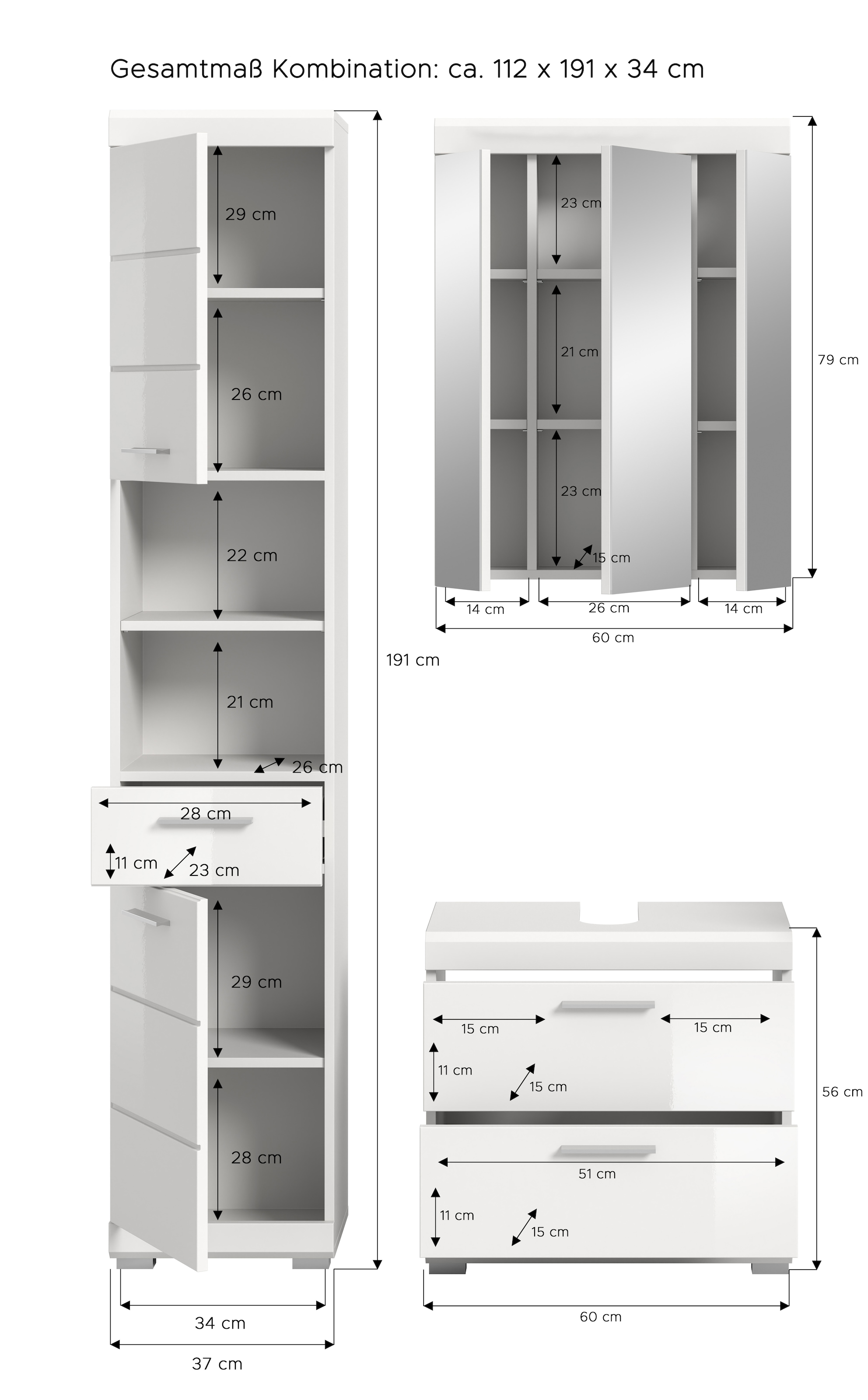 INOSIGN Badmöbel-Set »Siena, 3 teilig, bestehend aus:«, (Set), Hochschrank, Waschbeckenunterschrank, Spiegelschrank