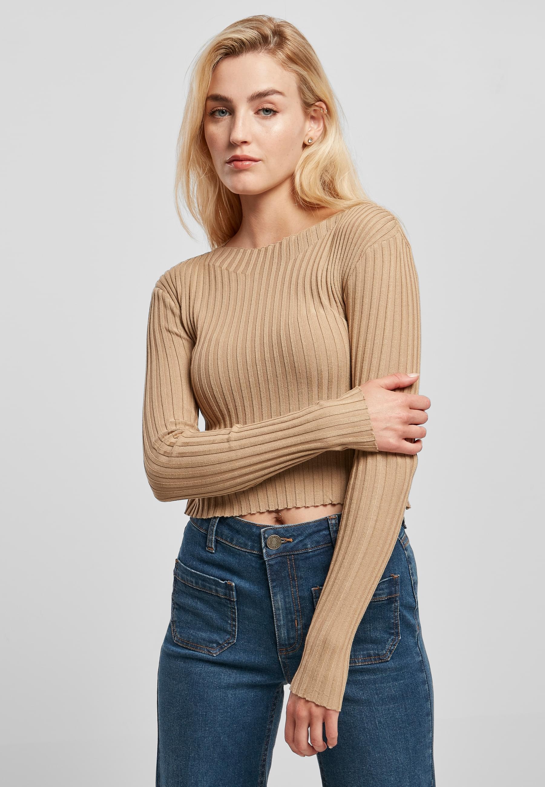 URBAN CLASSICS Rundhalspullover »Urban Classics Damen Ladies Short Rib Knit Twisted Back Sweater«, (1 tlg.)
