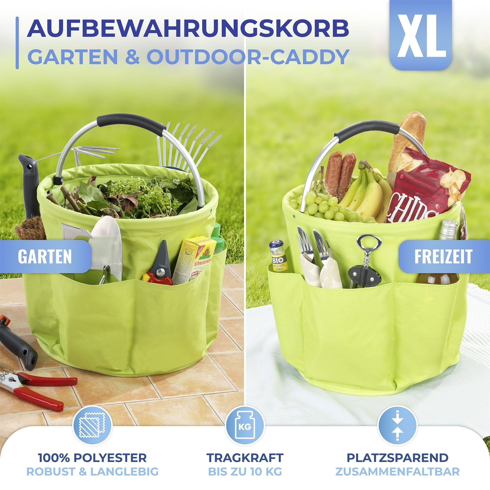Maximex Gartensack Aufbewahrungskorb mit 6 Taschen für Gartenwerkzeug