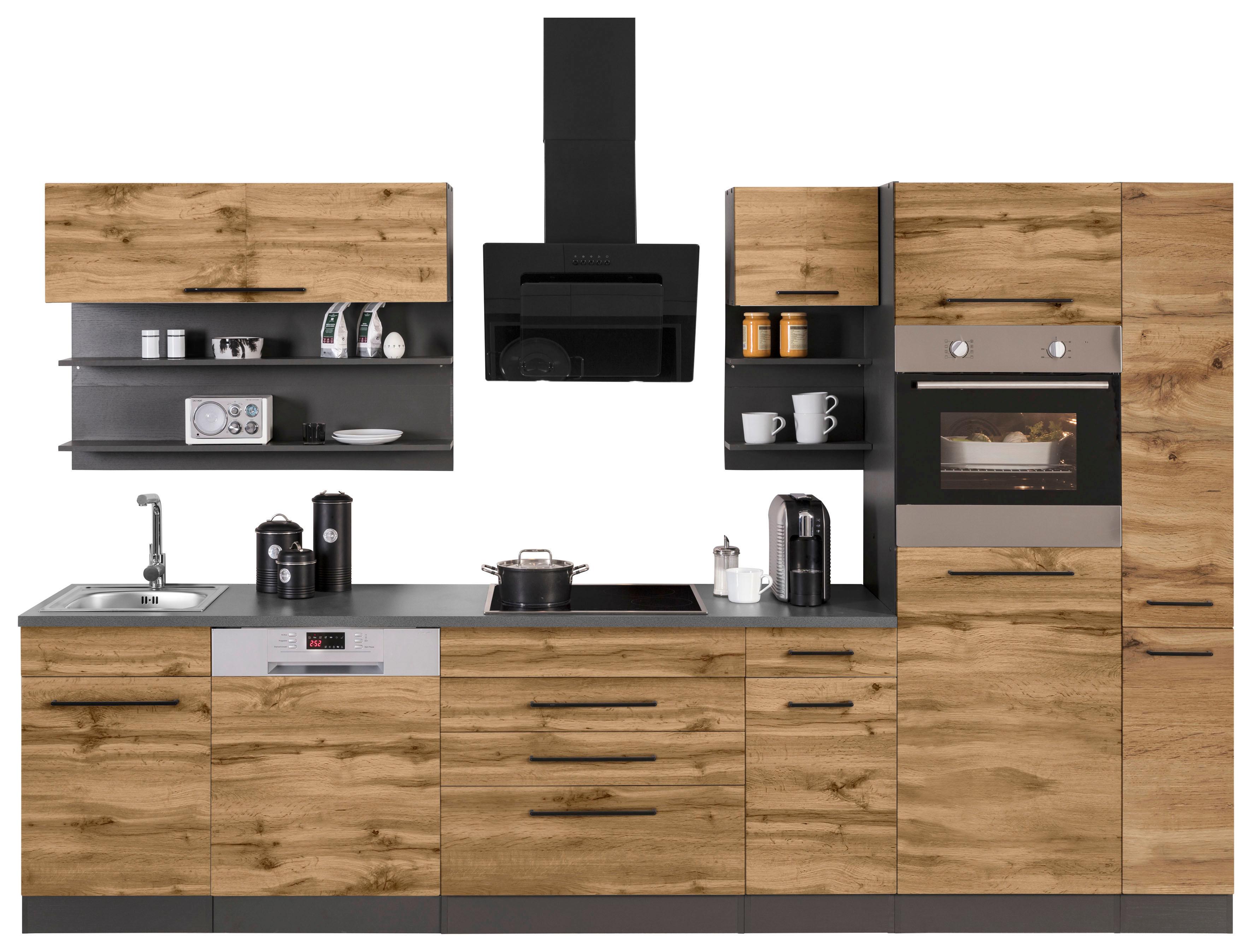 KOCHSTATION "KS-Tulsa" mit E-Geräten, Breite 320 cm, schwarze Metallgriffe, MDF Fronten
