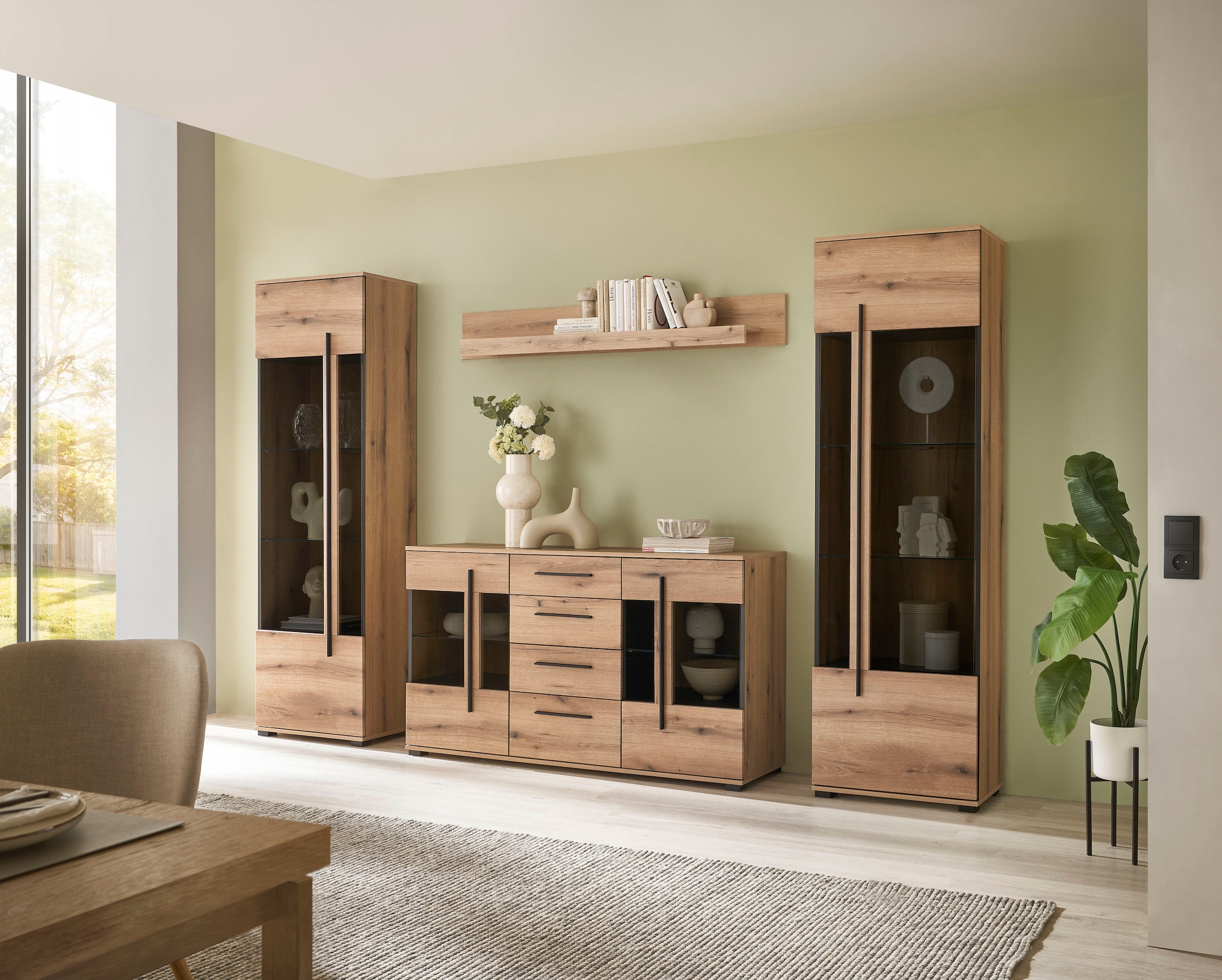 INOSIGN Wohnwand »Cantara, moderne Anbauwand, Wohnzimmer-Set, in Eiche Evoke oder Weiß«, (Set), enthält zwei Vitrinen, ein Sideboard und ein Wandboard