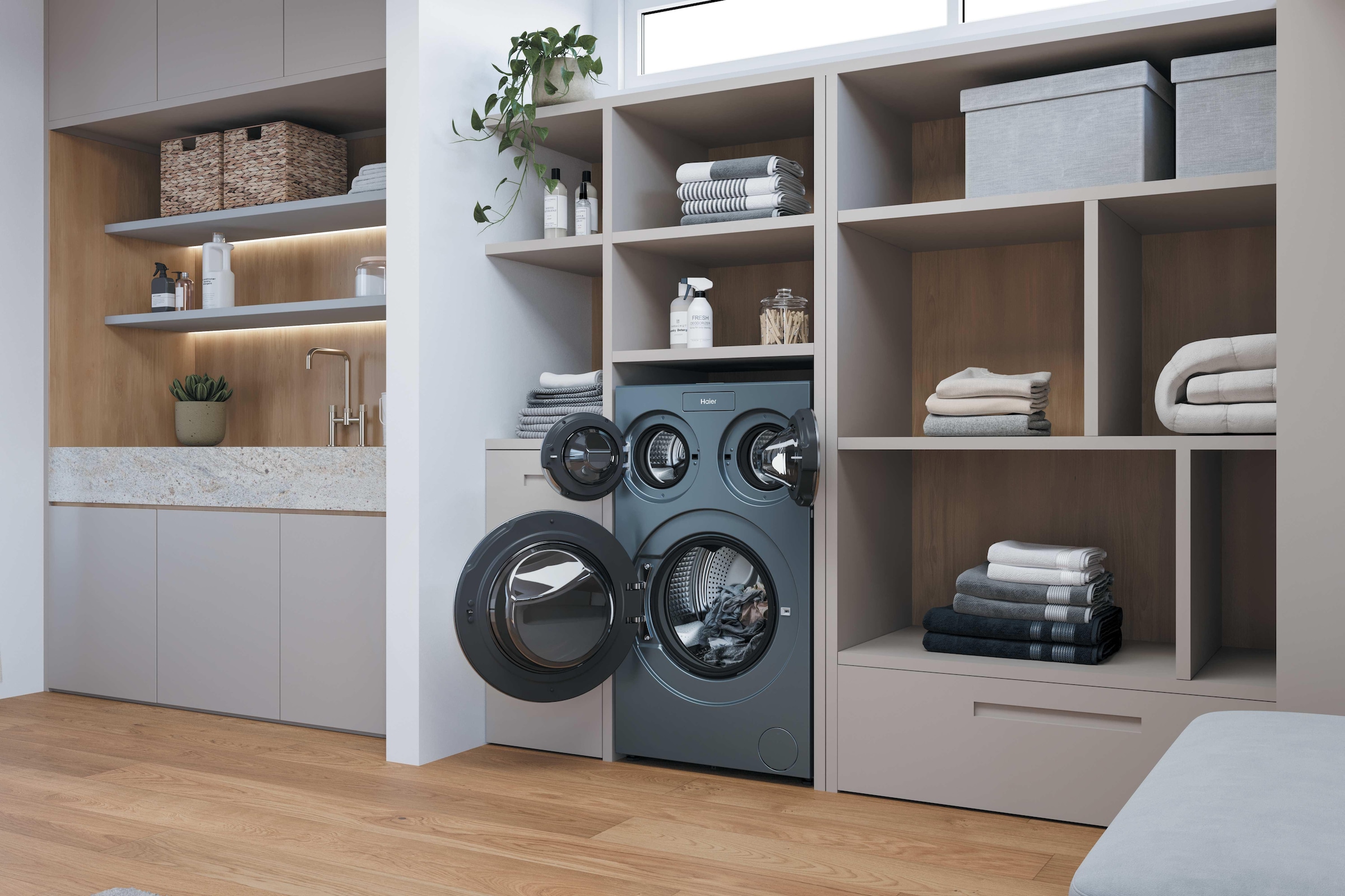 Haier Waschmaschine »HAMQD 410CBL9GN-84« 10 kg 1400 U/min 3 Trommeln (10 + 1 + 1 kg), Smart Dosing