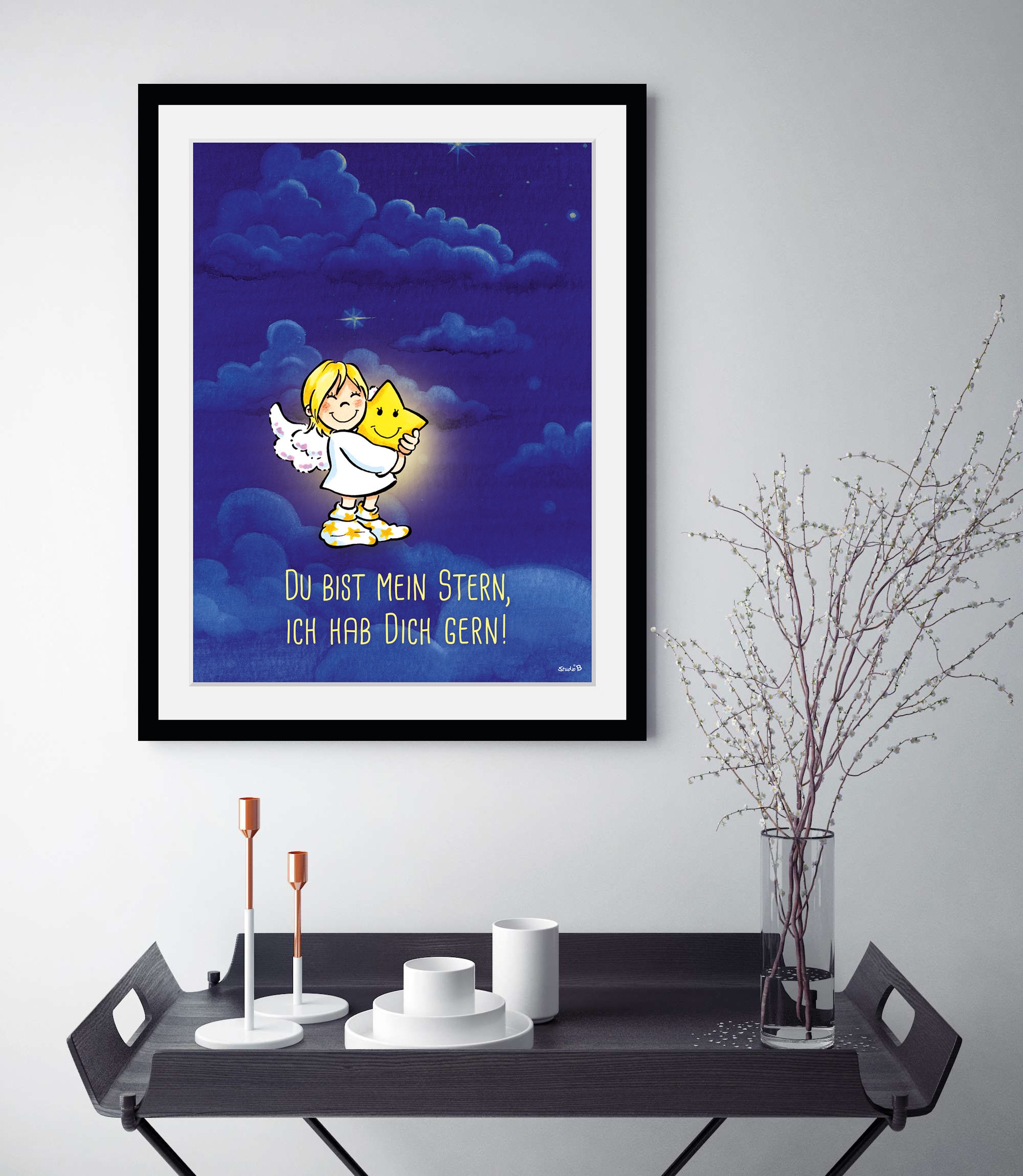 queence Bild "Lauras Stern" Engel Himmel Stern Sterne 1 Stk. tlg. HD Premium Poster-Druck inkl. Holzrahmen