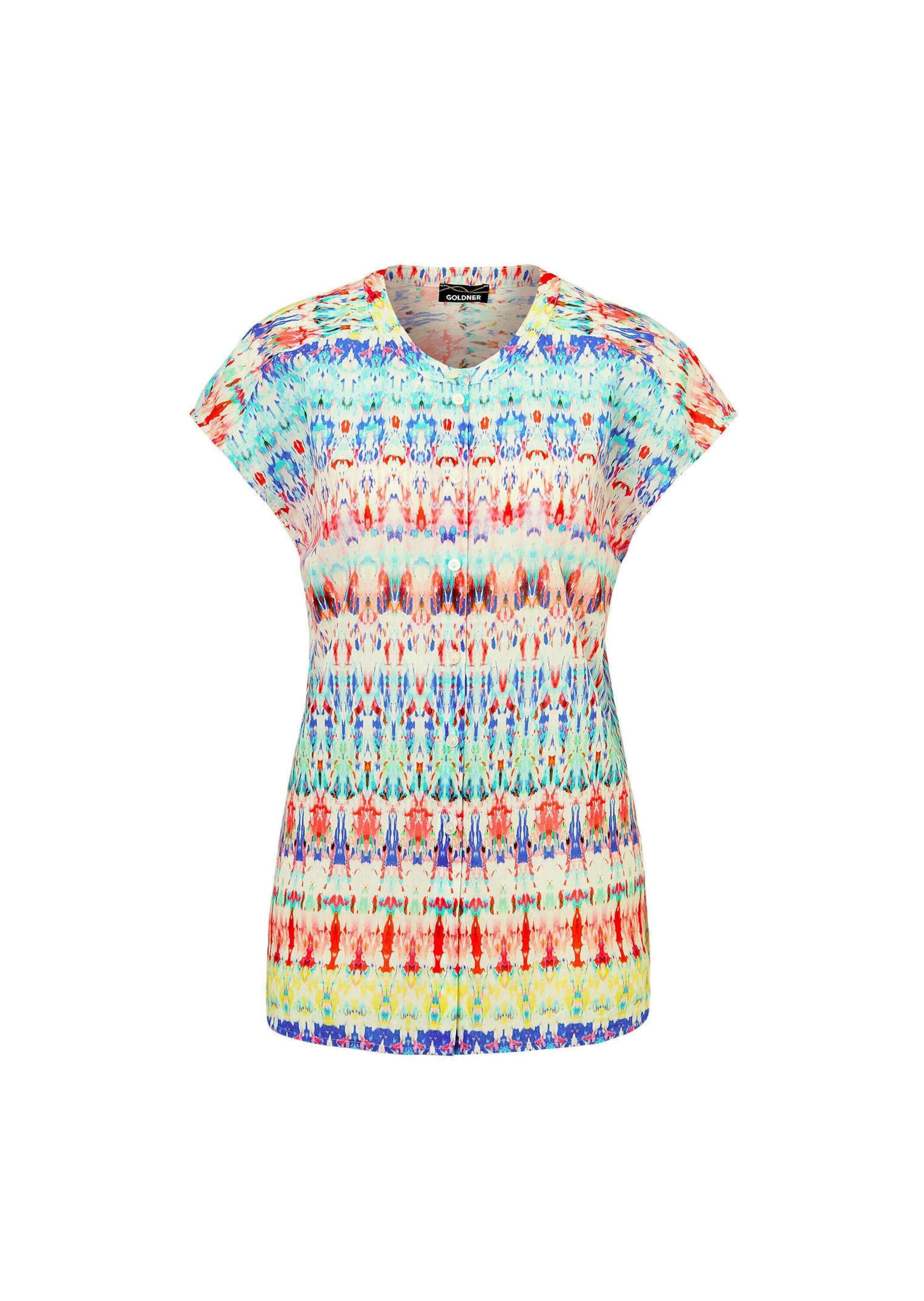 GOLDNER Kurzarmbluse "Kurzgröße Kurzarm Printbluse für Damen multicolor" Knöpfe