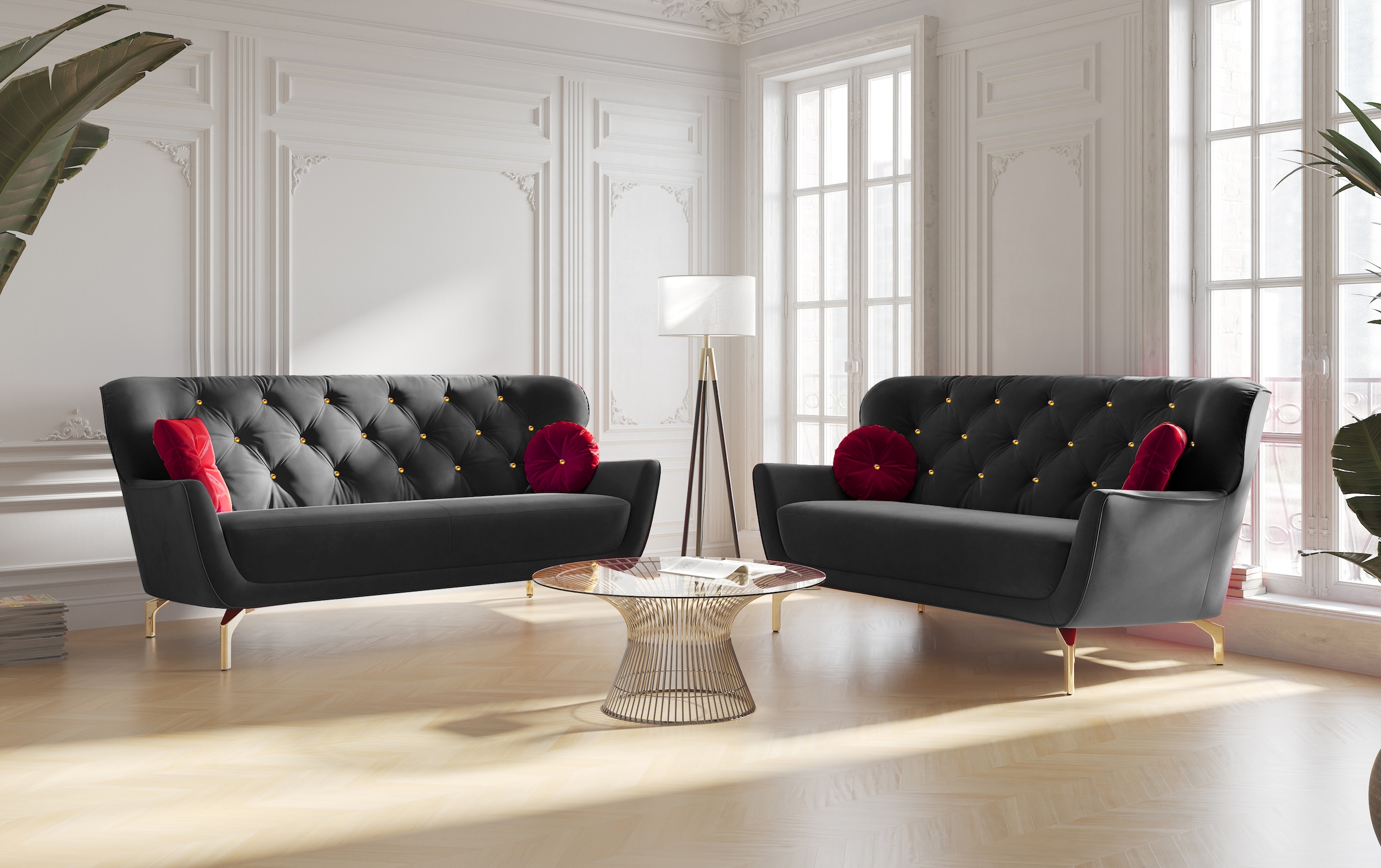 sit&more Polstergarnitur »Orient 3« 2 Stk. tlg. inkl. 4 Zierkissen mit Strass-Stein, goldfarbene Metallfüße