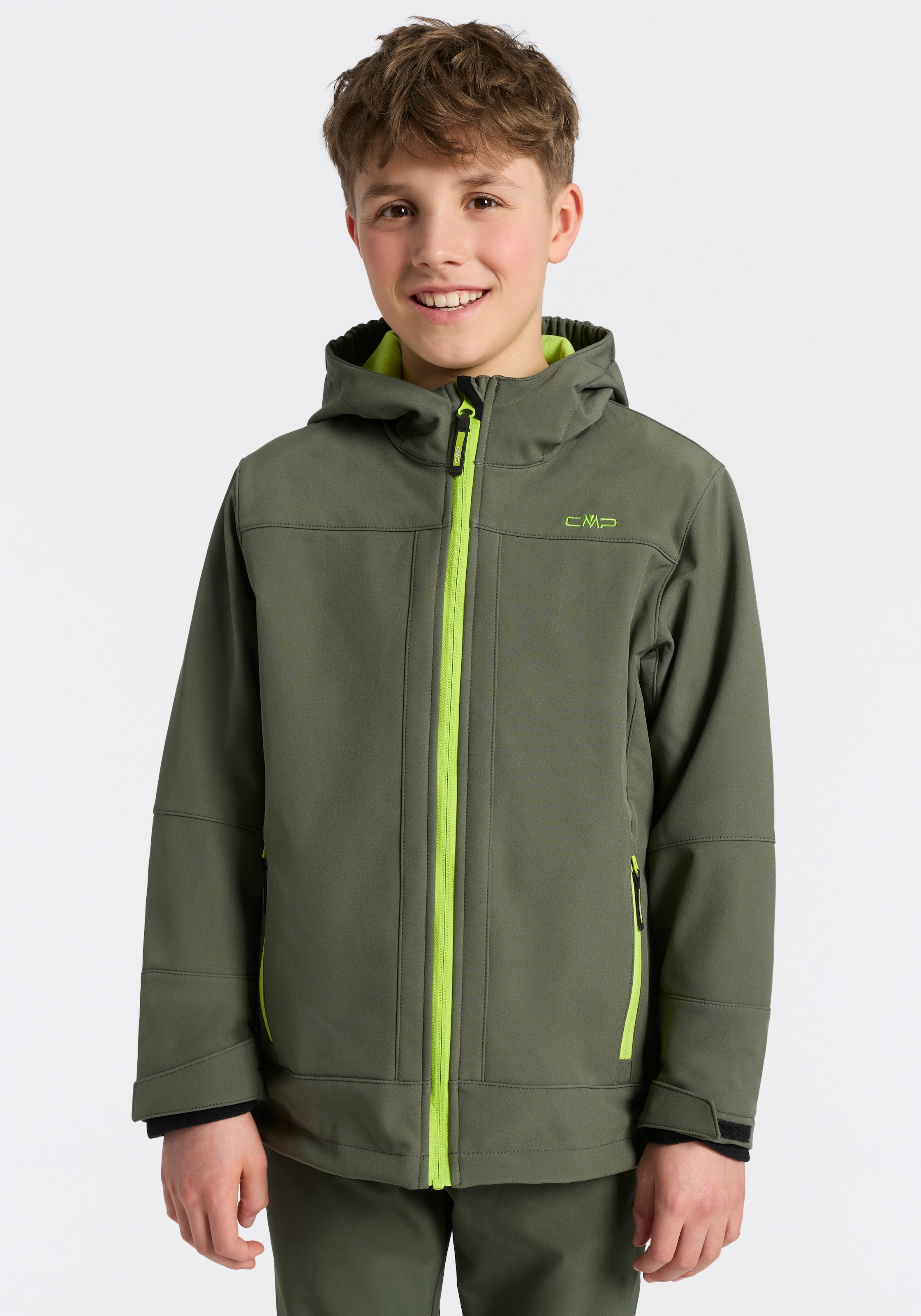 Cmp Herren Oil Grün Softshelljacke "Kid Softshell Jacket Fix Hood" Mit Kapuze Wasserabweisend Windabweisend Mit Reißverschlusstaschen erhältlich in Größe 128/140/152/164/176 von Baur