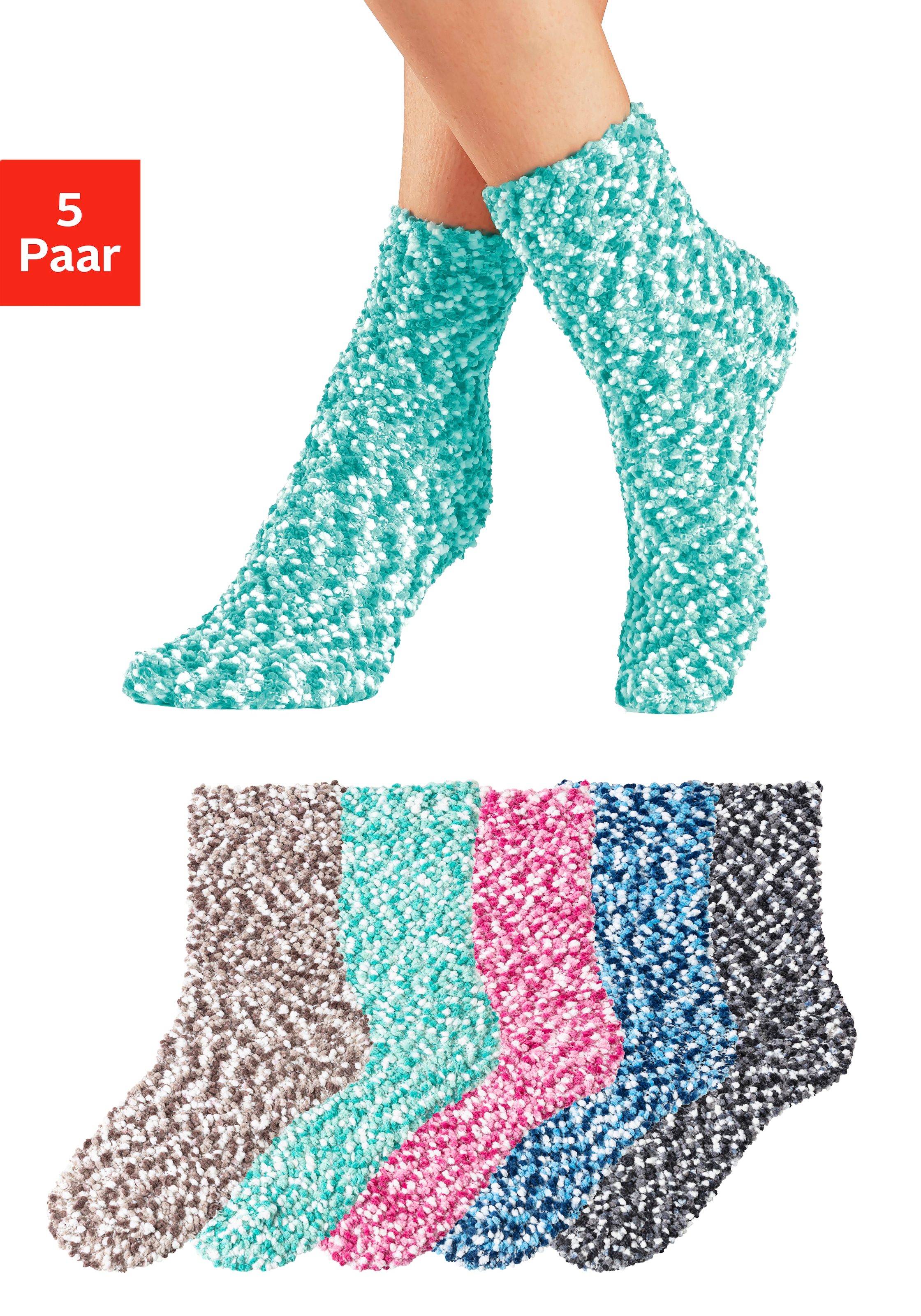 Lavana Kuschelsocken Packung, 5 Stk. tlg. Multifarbe Bettsocken mit weichem günstig online kaufen