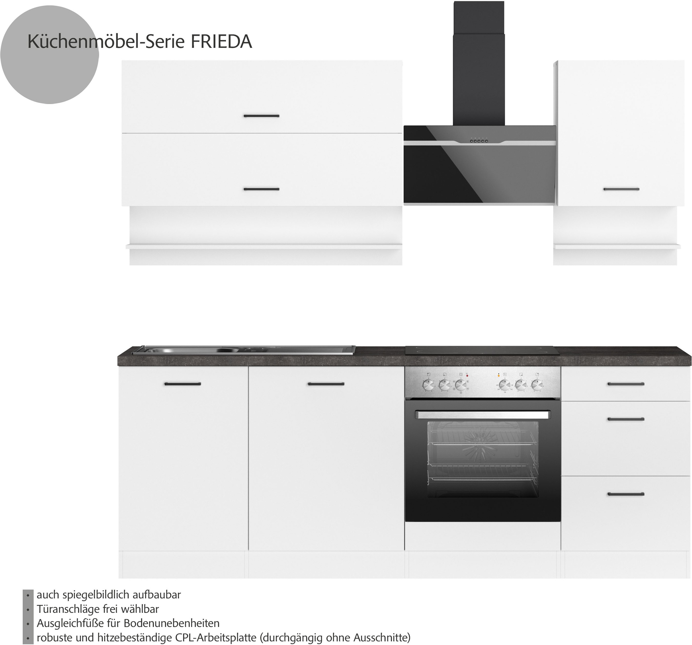 KOCHSTATION Küchenzeile »KS-Frieda«, wahlweise mit E-Geräten, mit 38mm starker Arbeitsplatte