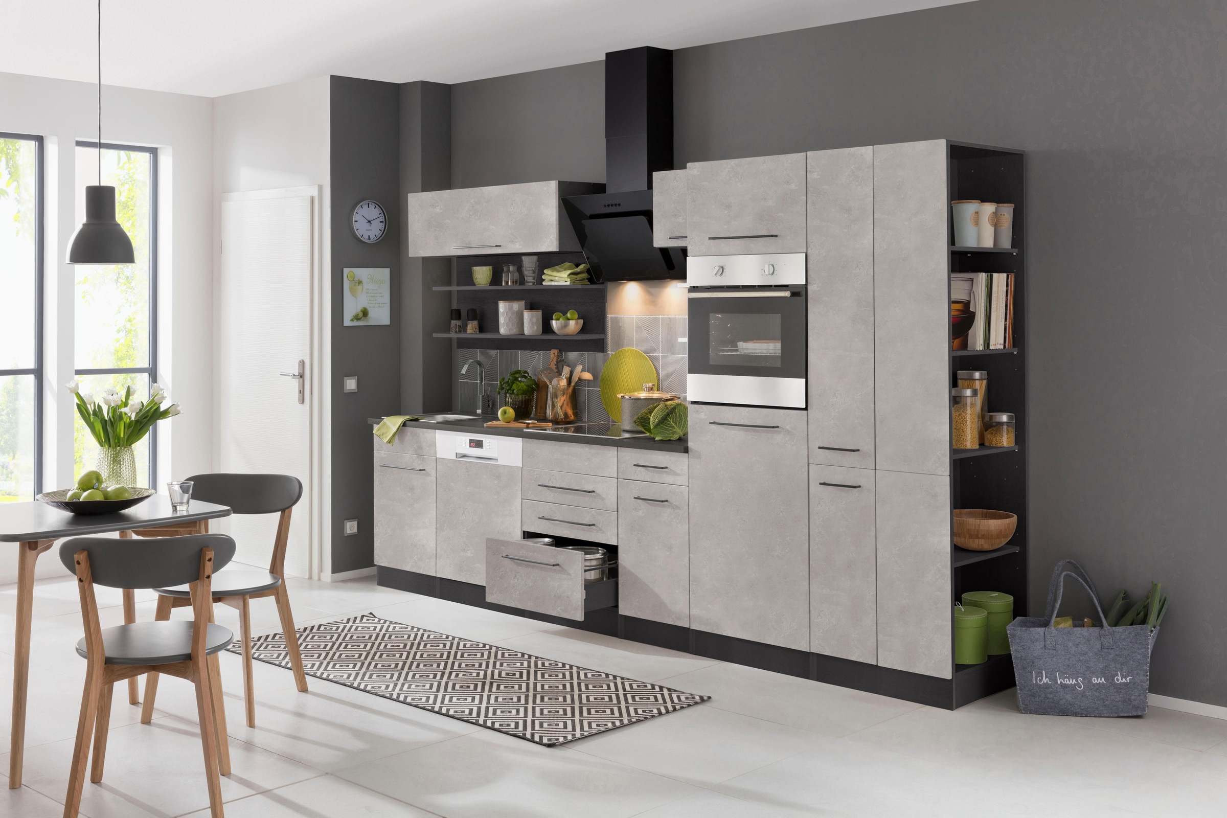 KOCHSTATION Küchenzeile »KS-Tulsa«, mit E-Geräten, Breite 300 cm, schwarze Metallgriffe, MDF Fronten