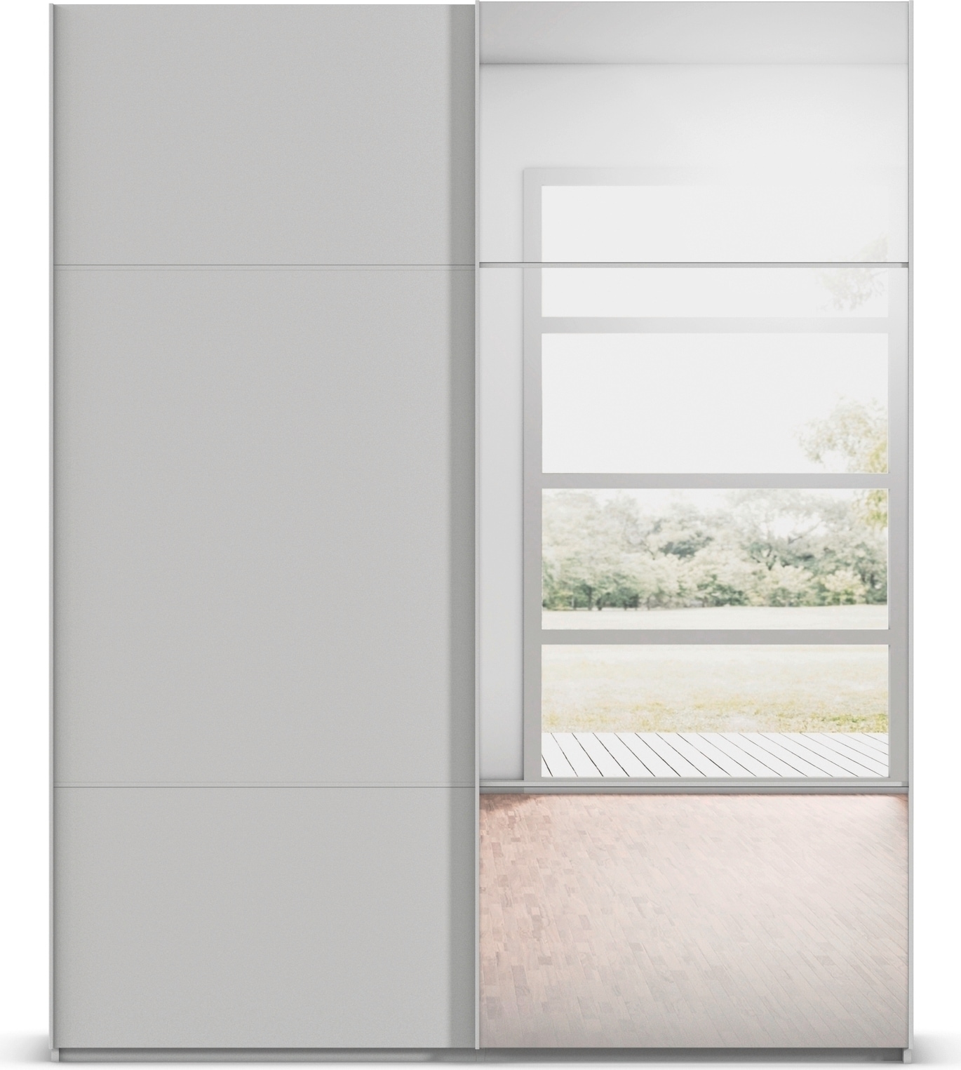 rauch Schwebetürenschrank »Kleiderschrank Schrank Garderobe Schlafzimmerschrank SCALE-TRIO« edle dreigeteilte Front mit 2 Zierleisten und Spiegel MADE IN GERMANY