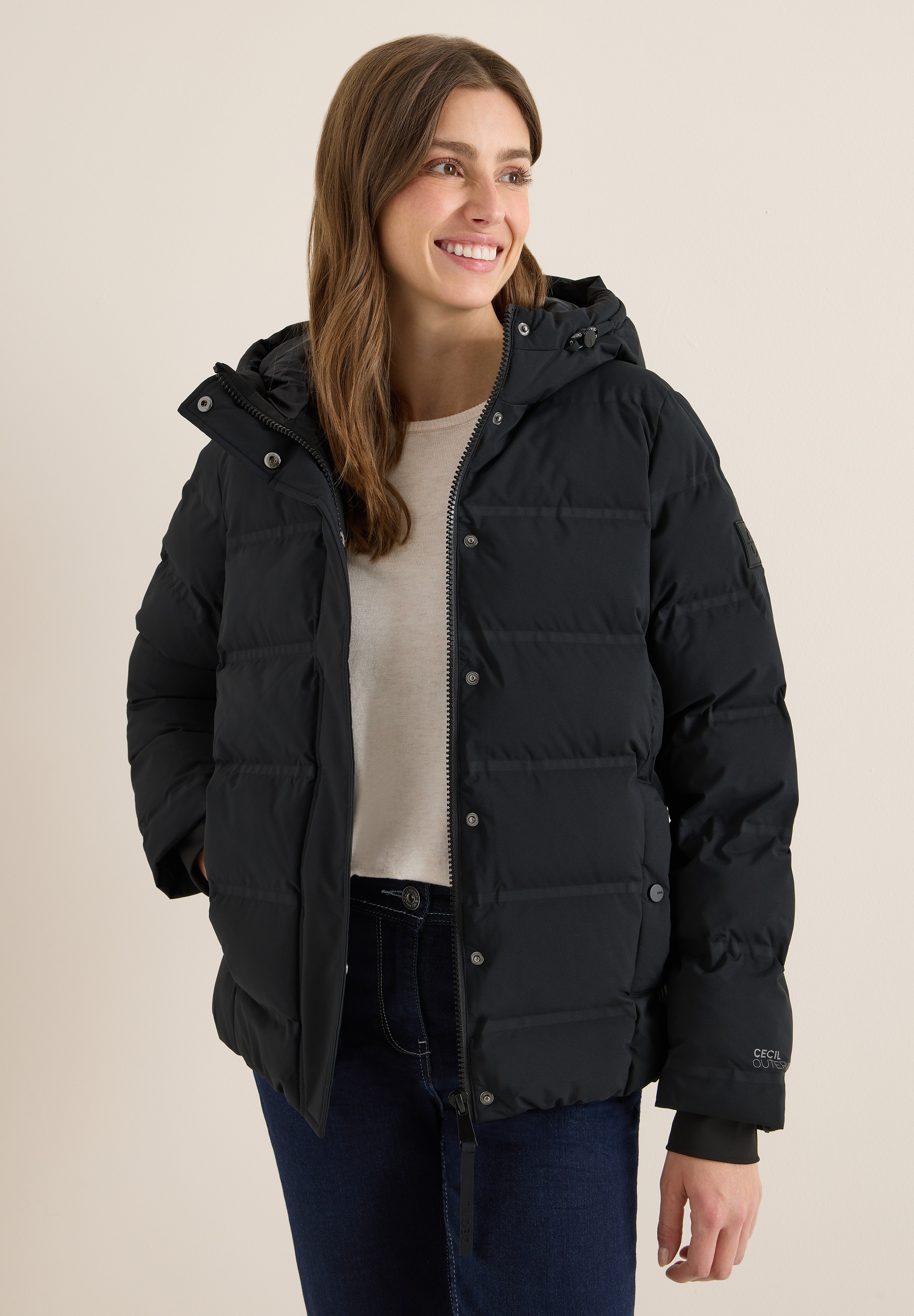 Steppjacke CECIL, Damen, Gr. XXL (46), schwarz, Stoff, Obermaterial: 100% Polyester; Futter: 100% Polyester; Füllung: 100% Polyester, unifarben, normal normal, ohne Ausschnitt, Bündchen, Jacken Steppjacke, mit moderner Steppung